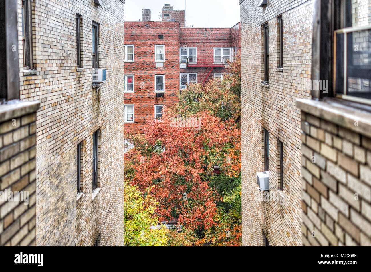 Residential apartment building and street road with sidewalk between in