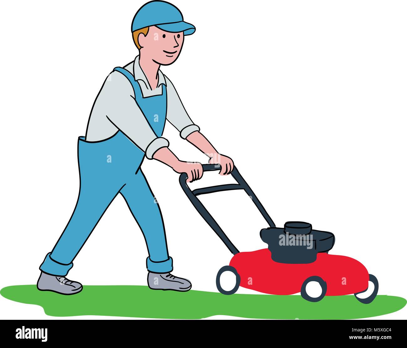 Man Using Lawn Mower To Cut The Grass On Garden Vector Cartoon Stick Figure  Illustration Stock Illustration  Download Image Now  iStock