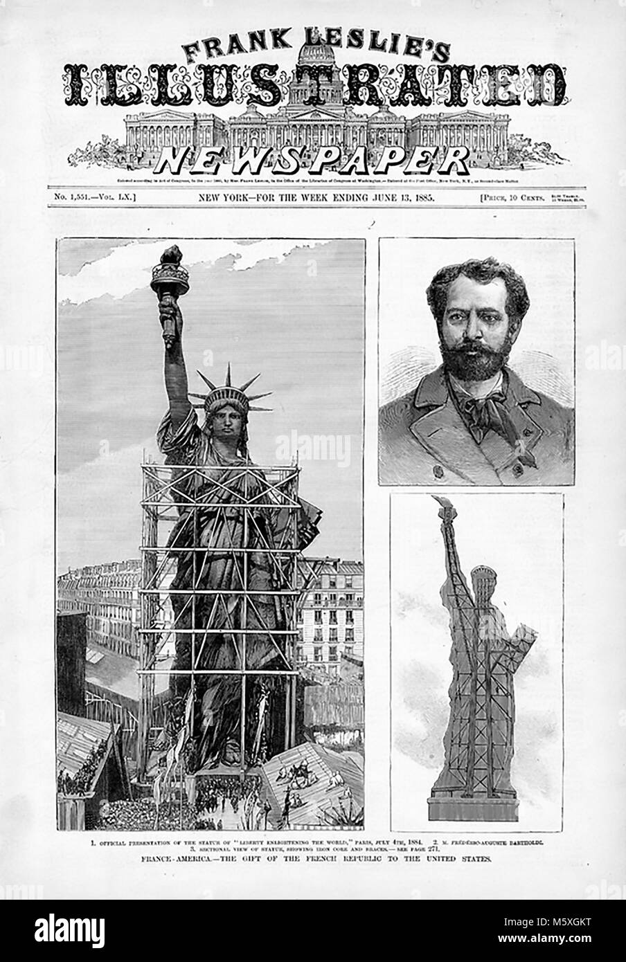 FREDERIC AUGUSTE BARTHOLDI (1834-1904) French sculptor who designed the Statue of Liberty shown under construction outside his Paris studio in this June 1885 American newspaper. Stock Photo