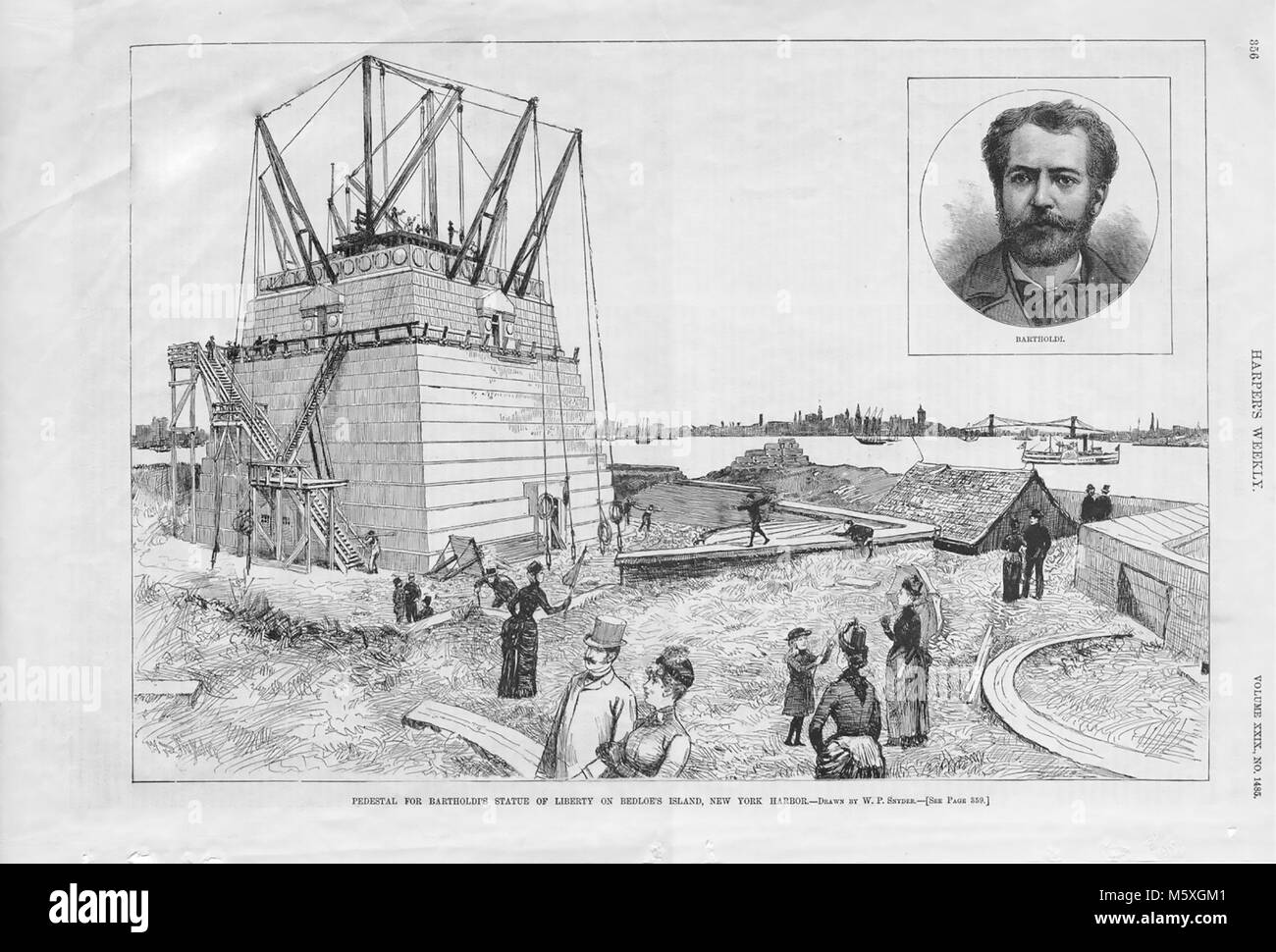 FREDERIC AUGUSTE BARTHOLDI (1834-1904) French sculptor who designed the Statue of Liberty.  The Statue under construction on Liberty Island, New York with Bartholdi inset, from Harper's Weekly. Stock Photo