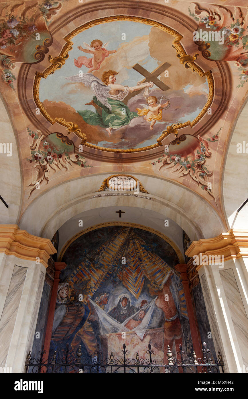 Fresco and ceiling fresco in a way of sorrows chapel in Comologno, Valle Onsernone, Canton Ticino, Switzerland Stock Photo