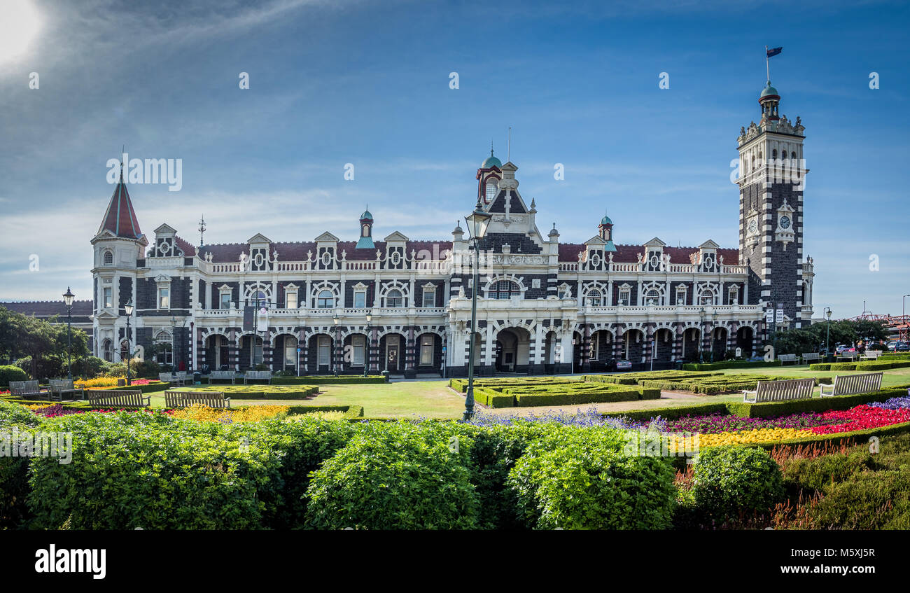 The ornate railway station in Dunedin, New Zealand Stock Photo