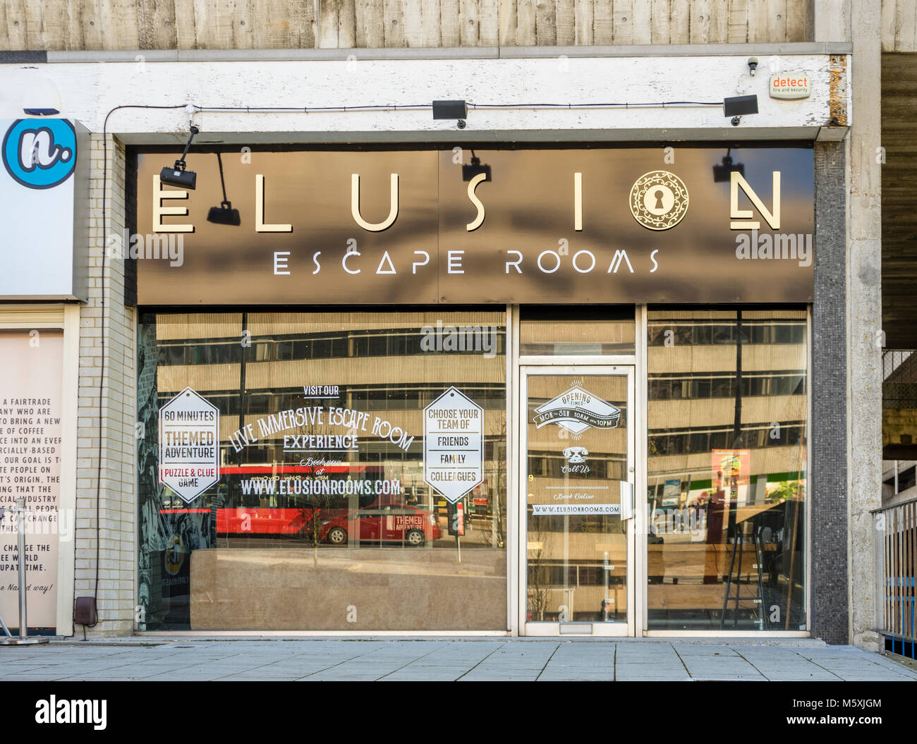 The 'Elusion' escape rooms part of the (Exciting Escapes company) front facade in Commercial Road Southampton, England, UK Stock Photo