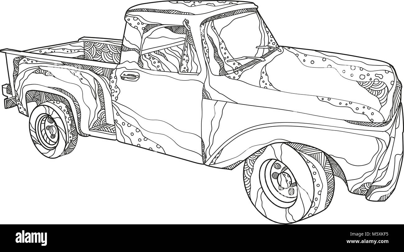 Doodle art illustration of a vintage pickup truck, a light duty truck with enclosed cab and an open cargo area with low sides and tailgate done in man Stock Vector