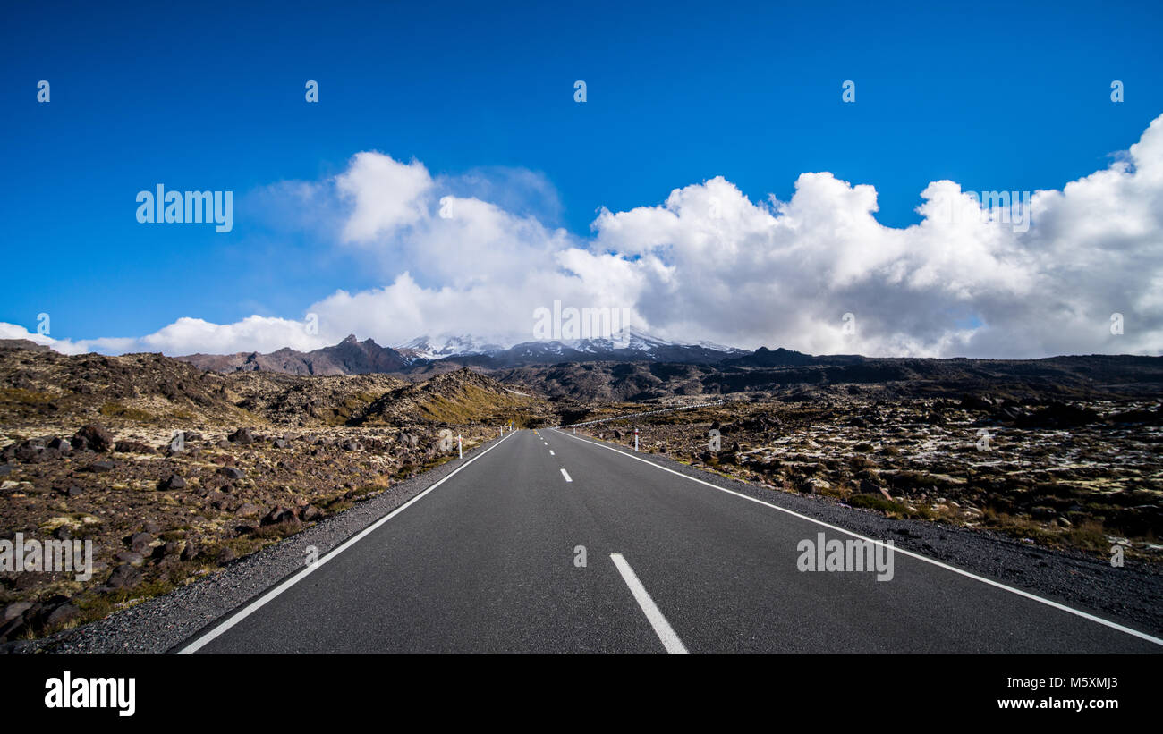 Road leading to Mount Ruapehu volcano, New Zealand Stock Photo