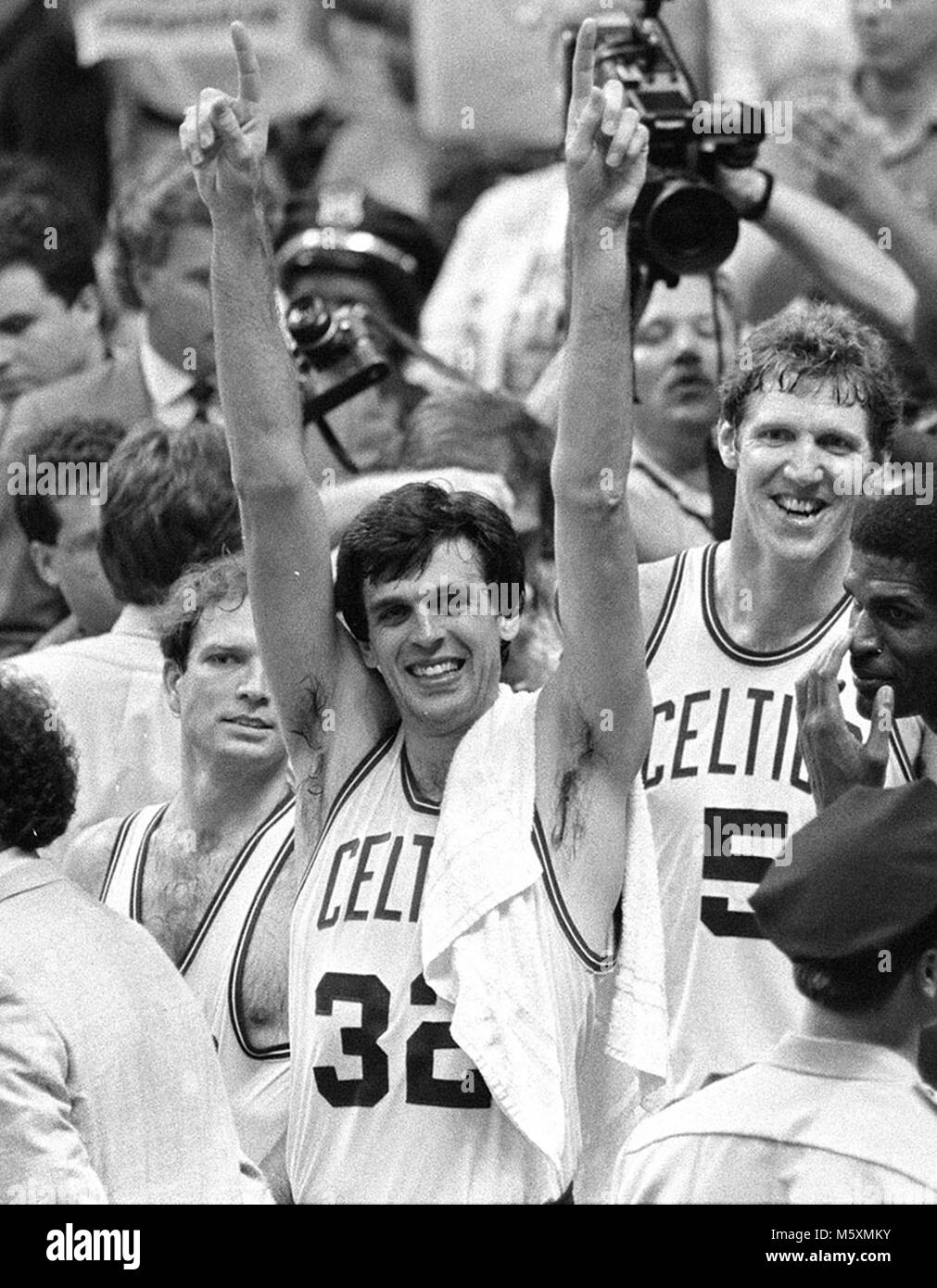Boston Celtics Kevin McHale  celebrates Celtics NBA Championship win over the Houston Champion Rockets June 1986. photo by bill belknap Stock Photo