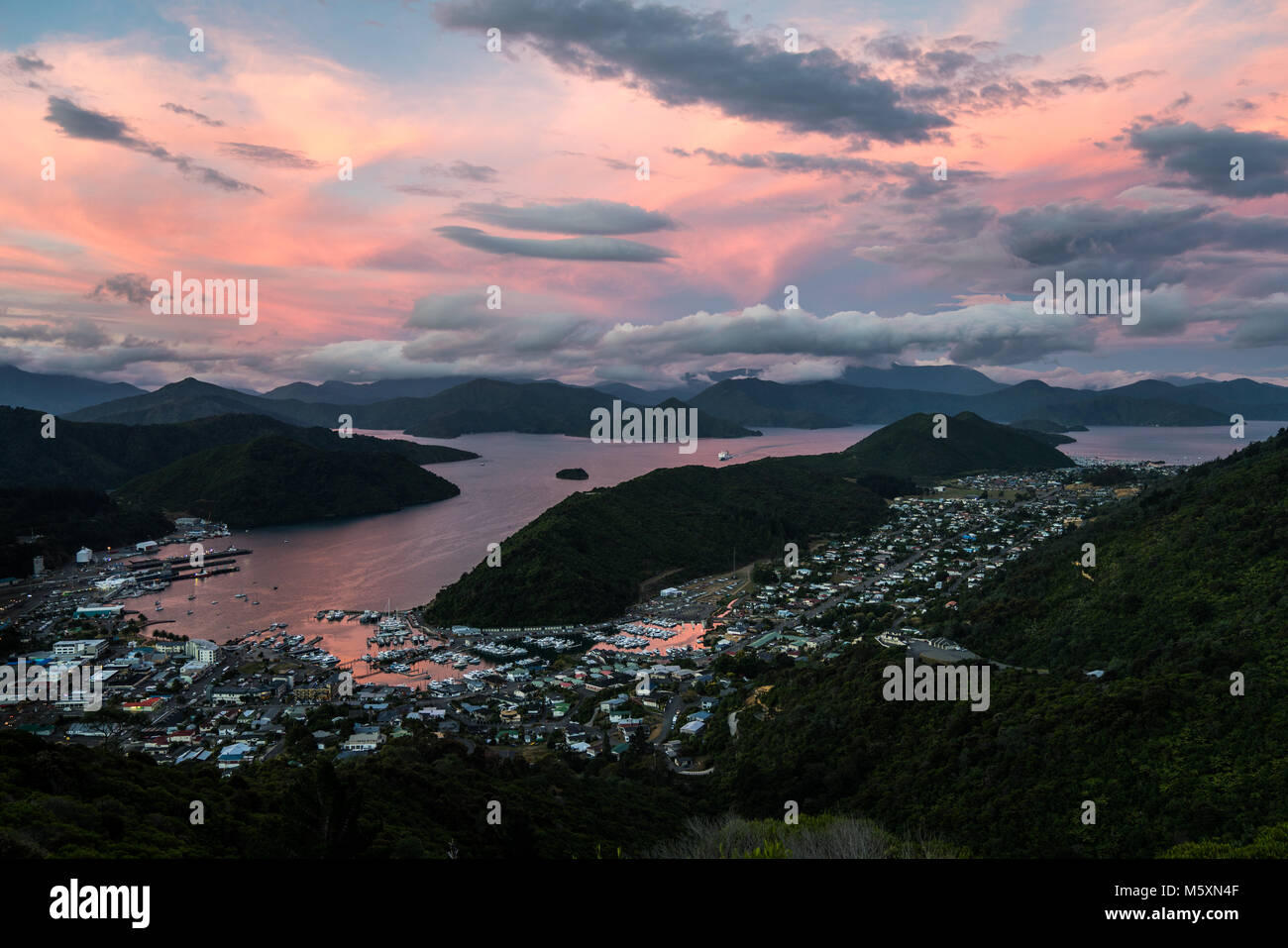 Beautiful sunset in Marlborough Sounds, Picton Harbor from mountains Stock Photo
