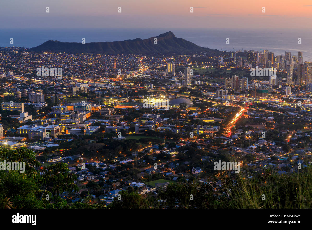 View to Honolulu from Tantalus Lookout at sunset, Oahu, Hawaii Stock Photo