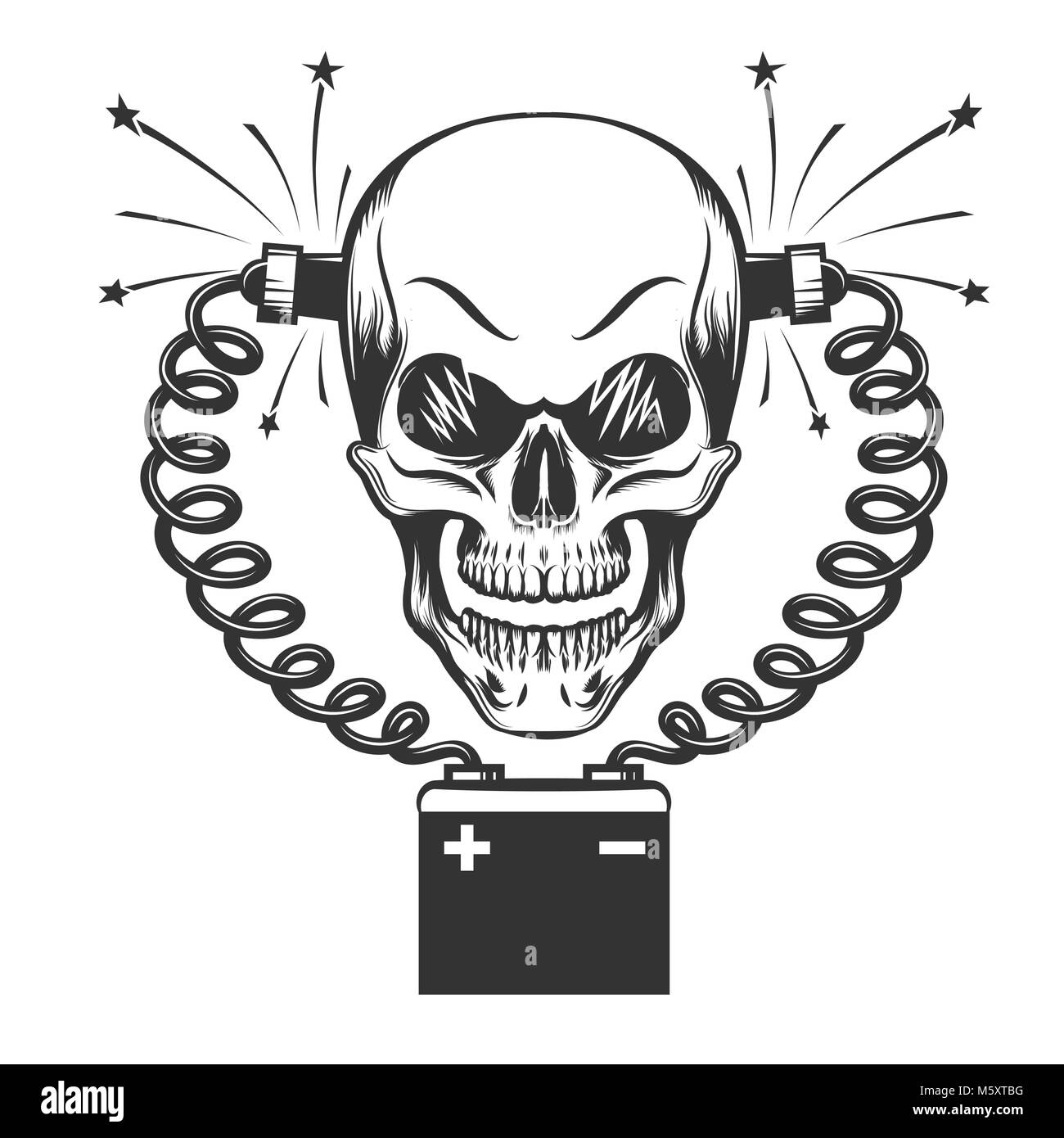 Smilling Skull charging by car battery drawn in engraving style. Vector illustration. Stock Vector