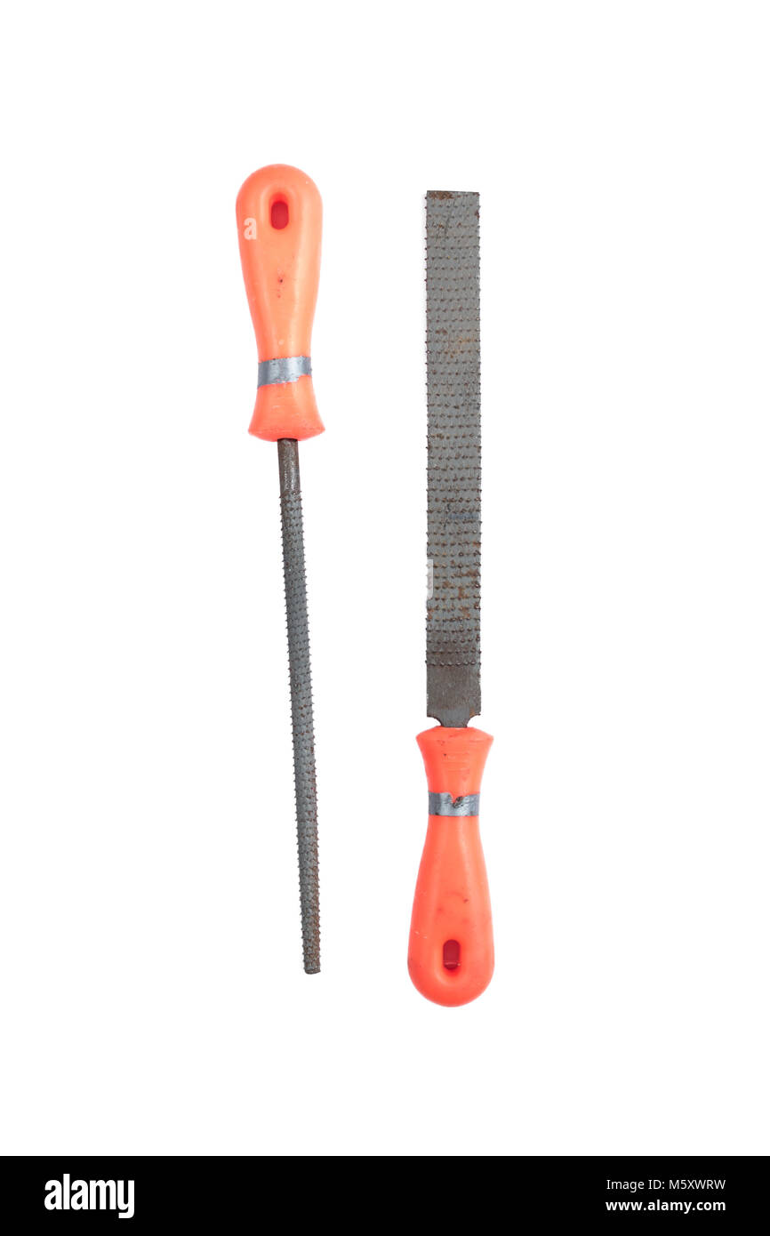 Set of Used metal file with orange handle isolated on a white