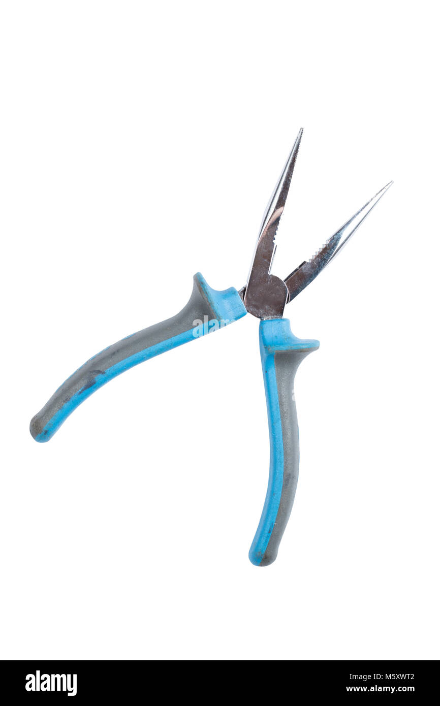 Needle Nose Pliers or pointy pliers, long nose pliers isolated on a white background. Closed blue pliers. Path saved. Stock Photo