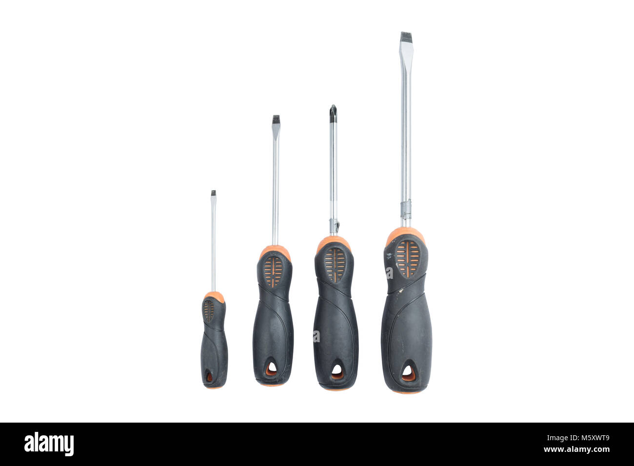 Set of industrial screwdrivers with black plastic handles isolated on a white background. Each