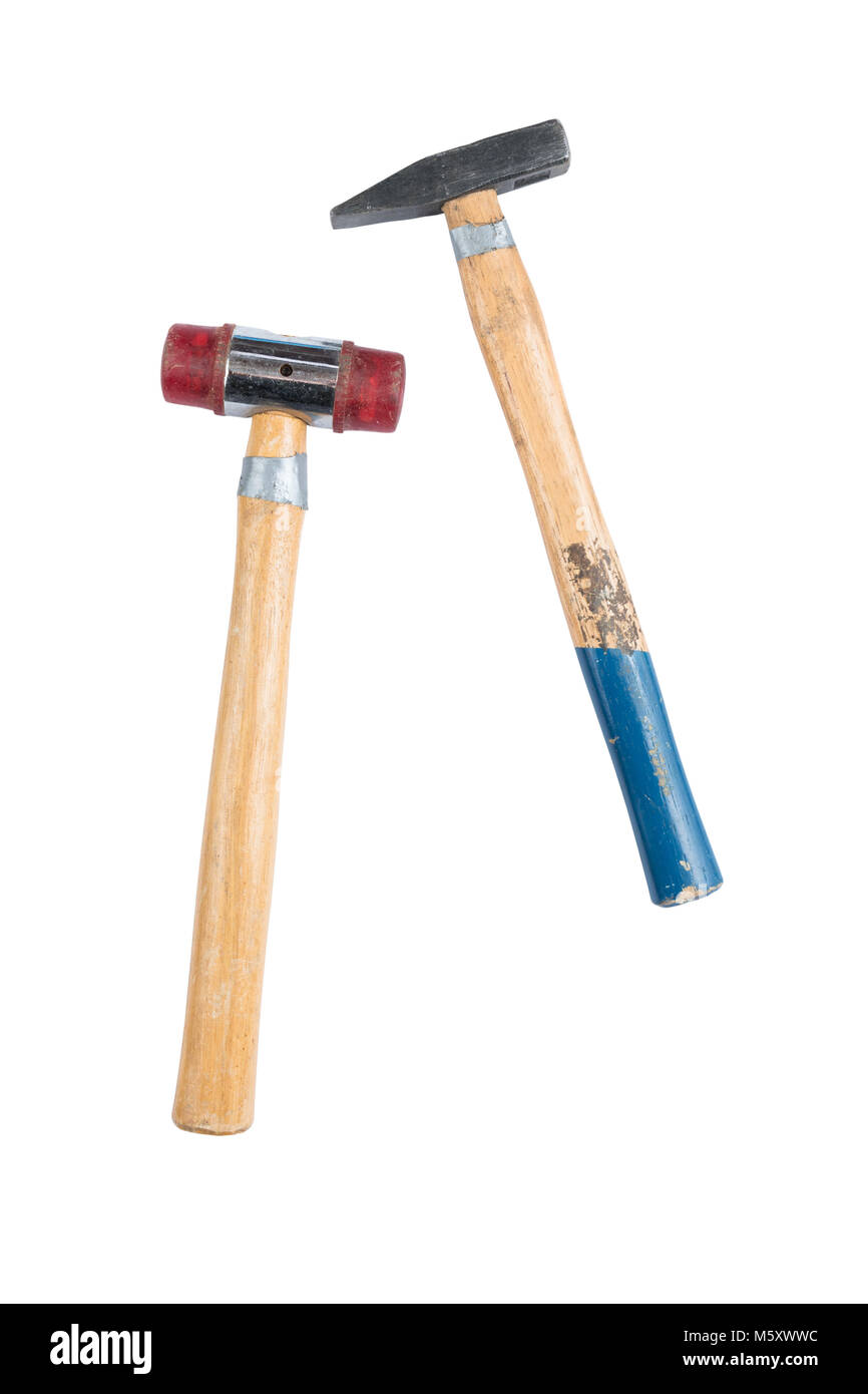 Two small hammers with wooden handles isolated on a white background