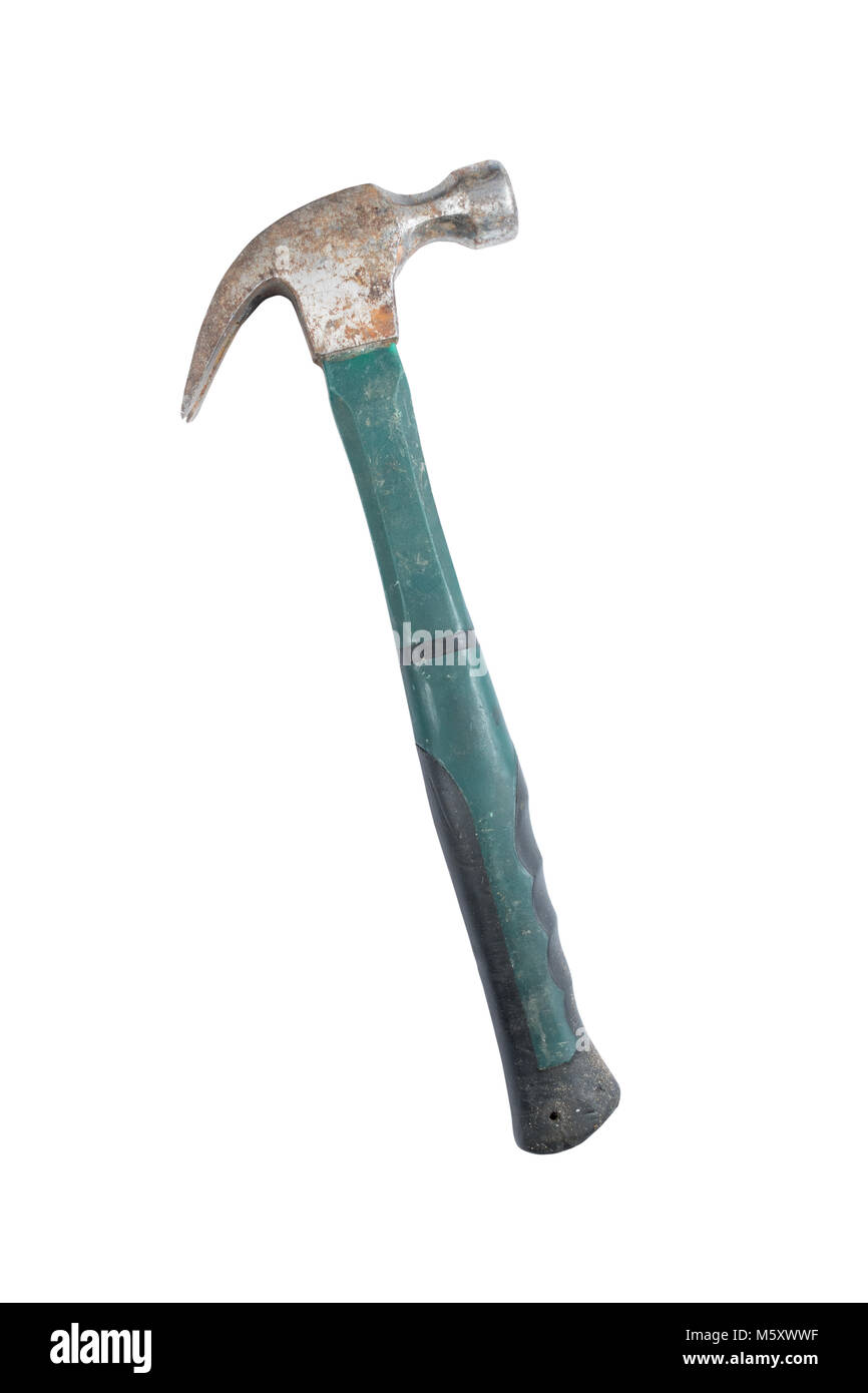 Used metal, claw hammer with green handle isolated on white background