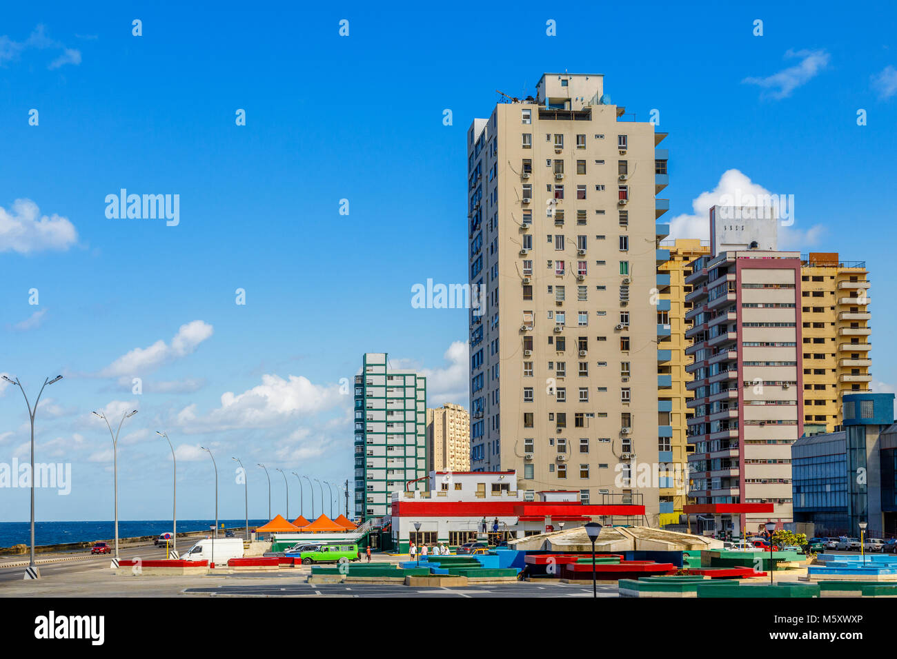 Modern resedential buildings close to Malecon promenade, Vedado, Havana, Cuba Stock Photo