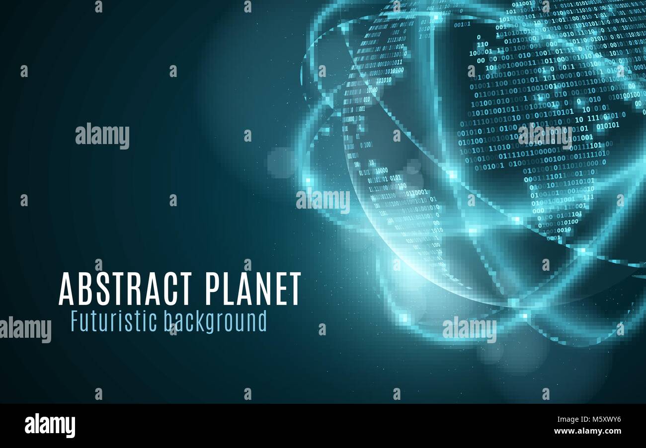 World map from binary code. Futuristic planet. Glowing, blurry neon lines. Abstract background. Computer programming code. Global network. Vector illu Stock Vector