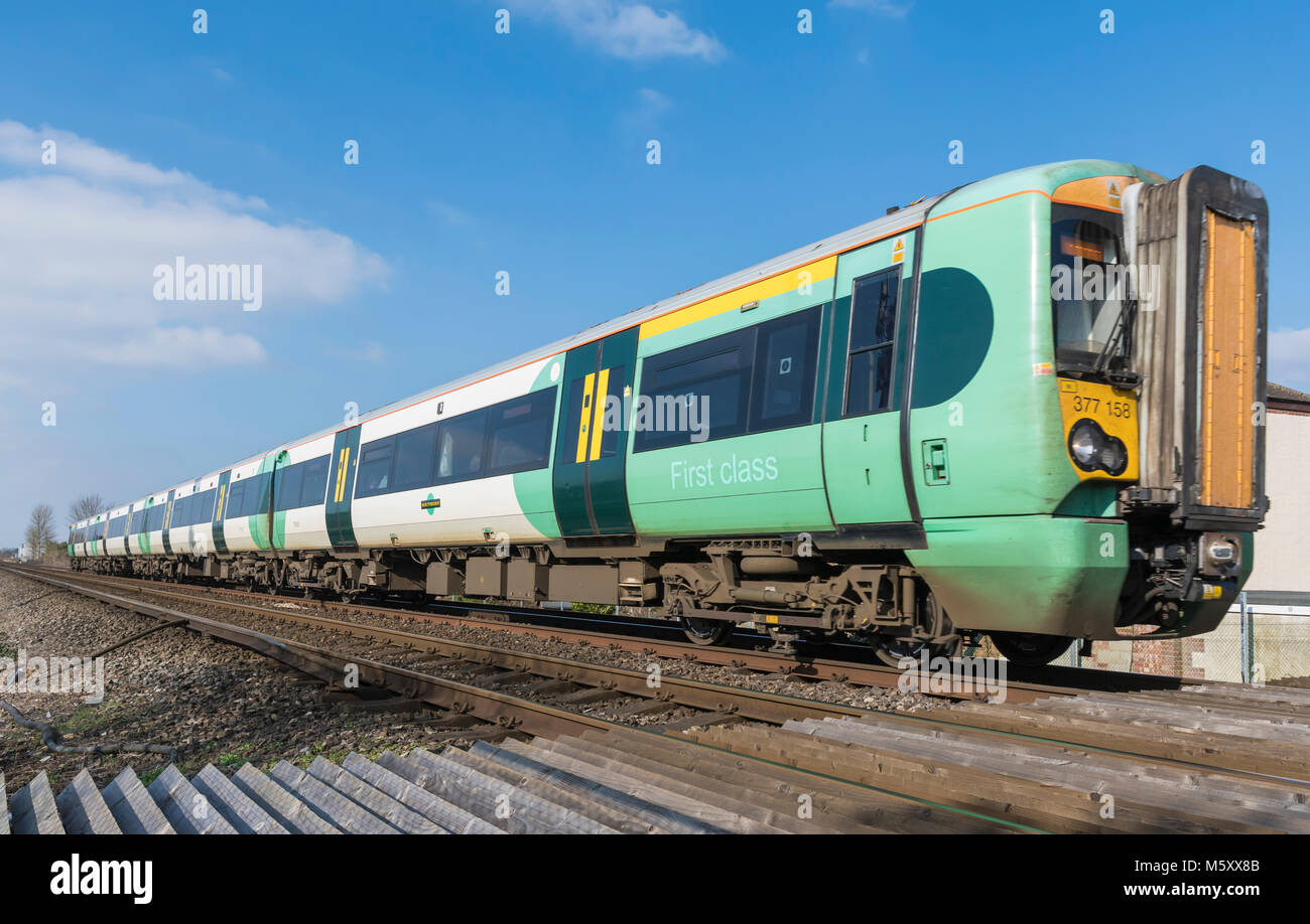 Southern Rail Class 377 Electrostar electric train from Southern Rail on a British railway in West Sussex England UK. GTR. Govia Stock Photo Alamy