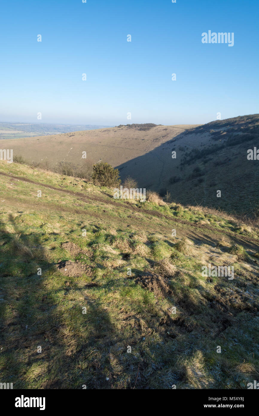 Butser Hill landscape on a clear cold winter morning in Hampshire, UK. South Downs National Park. Stock Photo