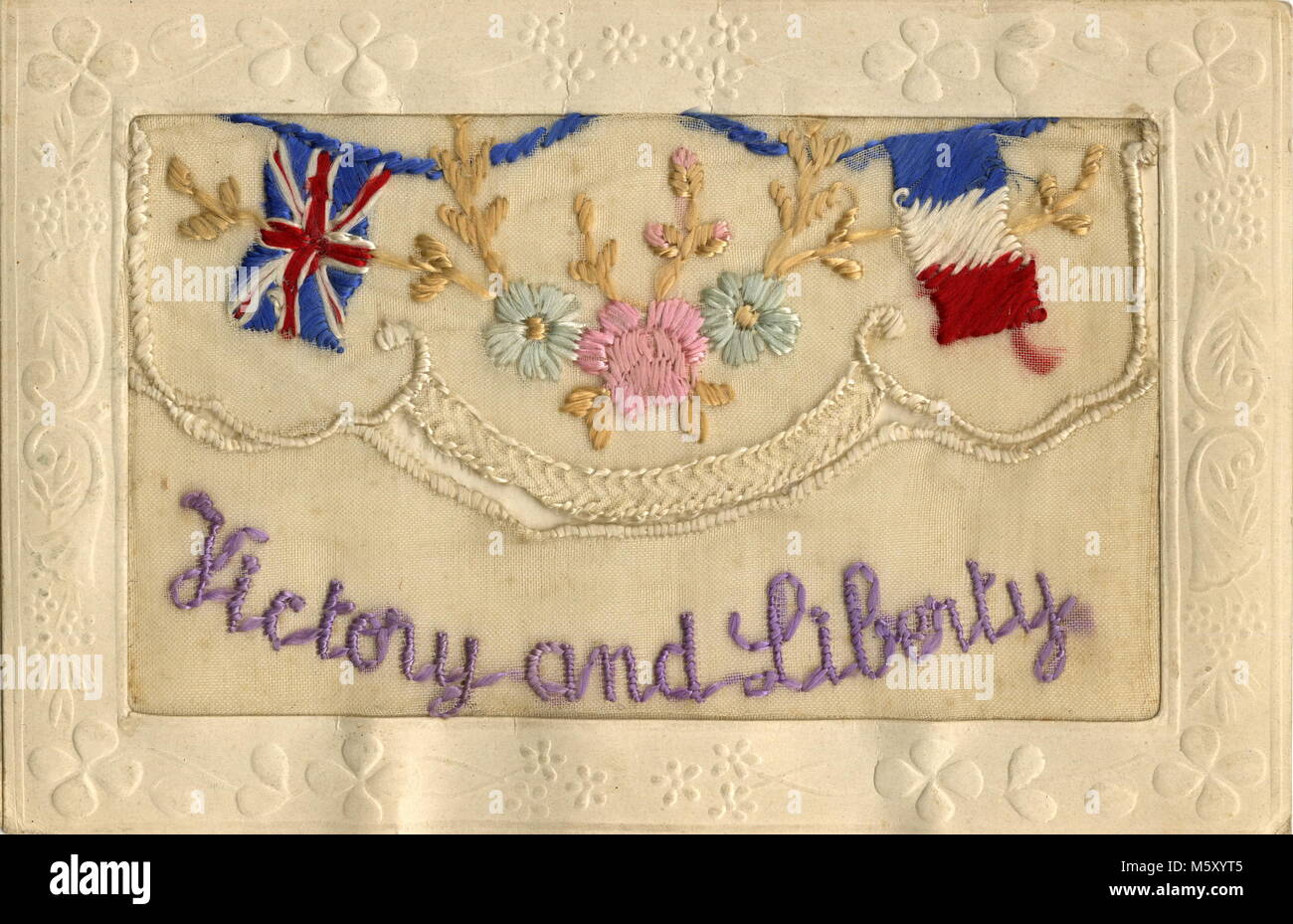 AJAXNETPHOTO. 1914-1918. WW1 EPHEMERA. - A SILK EMBROIDERED LETTER CARD DEPICTING NATIONAL FLAGS OF FRANCE AND GREAT BRITAIN WITH THE NOTATION 'VICTORY AND LIBERTY' CONTAINED WITHIN AN EMBOSSED BORDER OF THE TYPE SENT BY SOLDIERS SERVING ON THE WESTERN FRONT TO RELATIVES IN THE U.K.  PHOTO:AJAX VINTAGE PICTURE LIBRARY REF:182602 15 Stock Photo