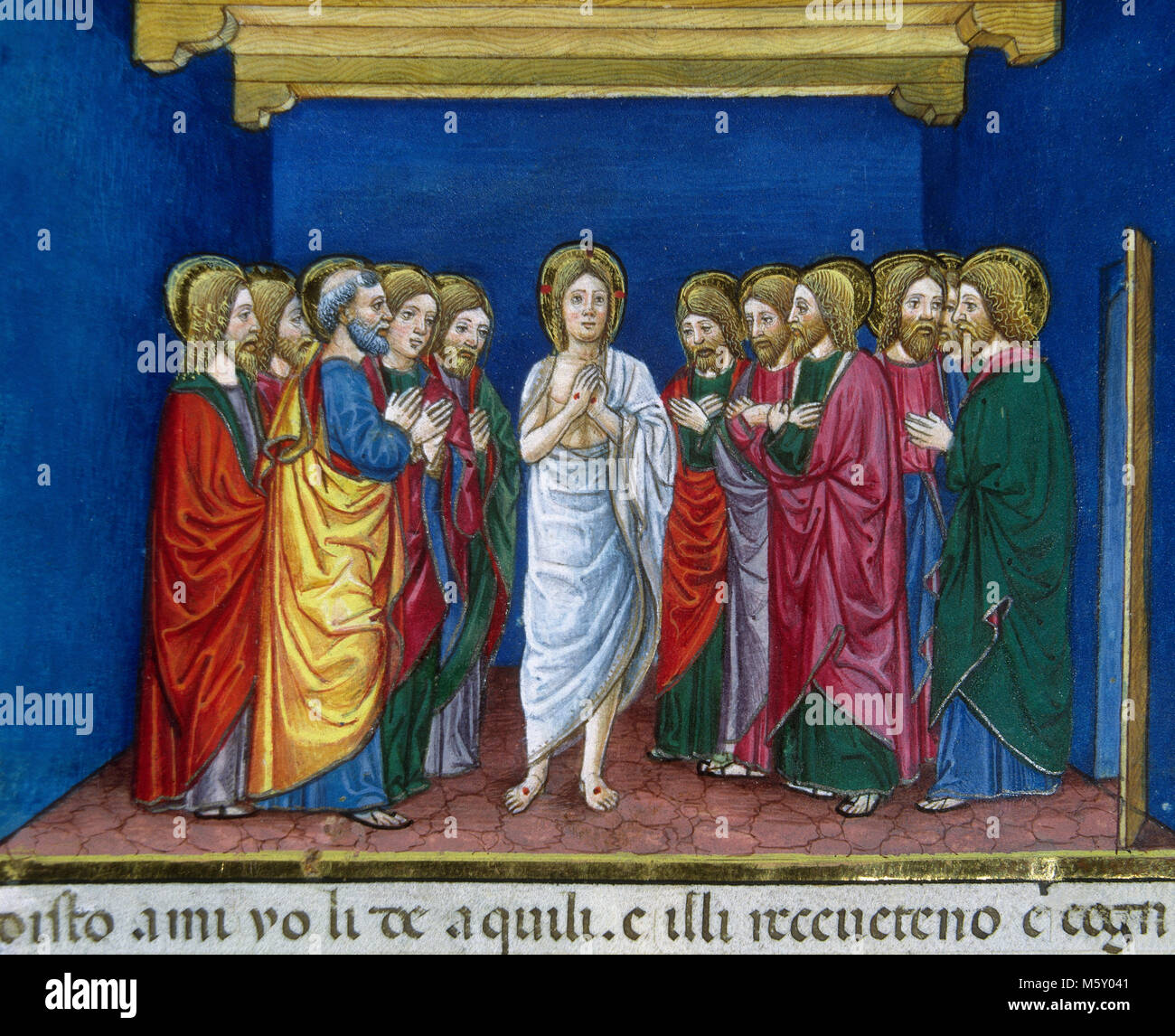 Jesus resurrected lifts up his eyes to heaven and explain a parable. Codex of Predis, 1476. Royal Library. Turin. Italy. Stock Photo