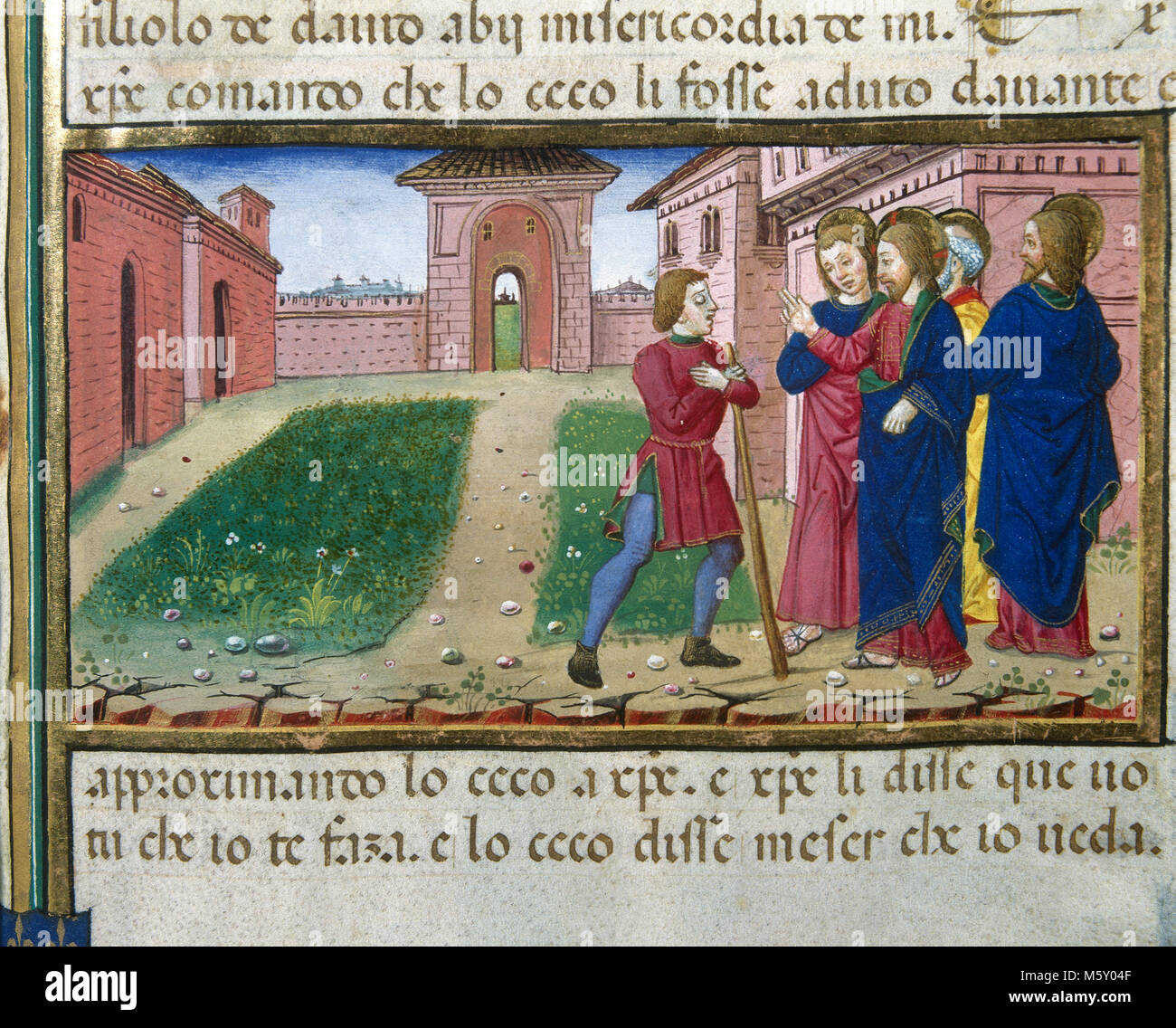 Jesus goes to Capharnaum and a servant warns him that the son of the centurion is sick. Codex of Predis, 1476. Royal Library, Turin, Italy. Stock Photo