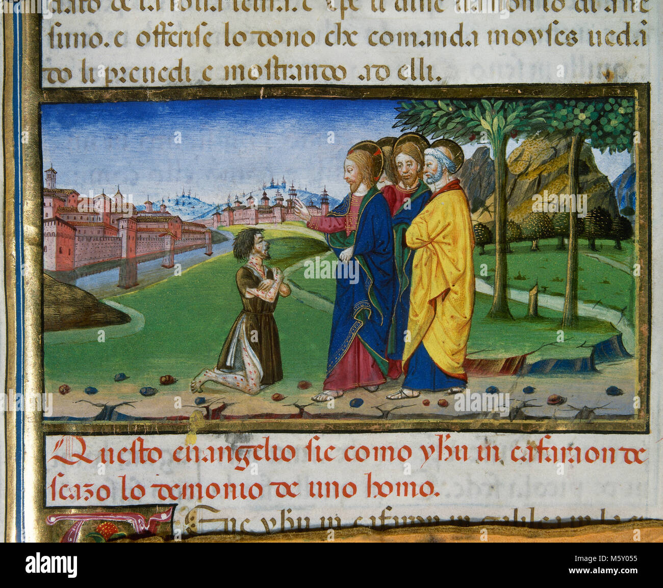 Jesus heals a man with leprosy. Codex of Predis, 1476. Royal Library. Turin. Italy. Stock Photo