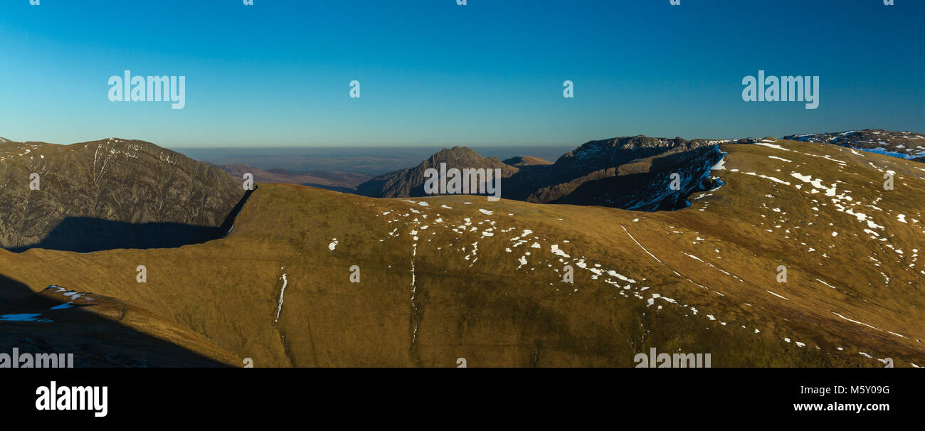 Panorama of the Ogwen Valley from Mynydd Perfedd showing Pen Yr Ole wen, Tryfan, Foel-goch and the Glyderau Stock Photo