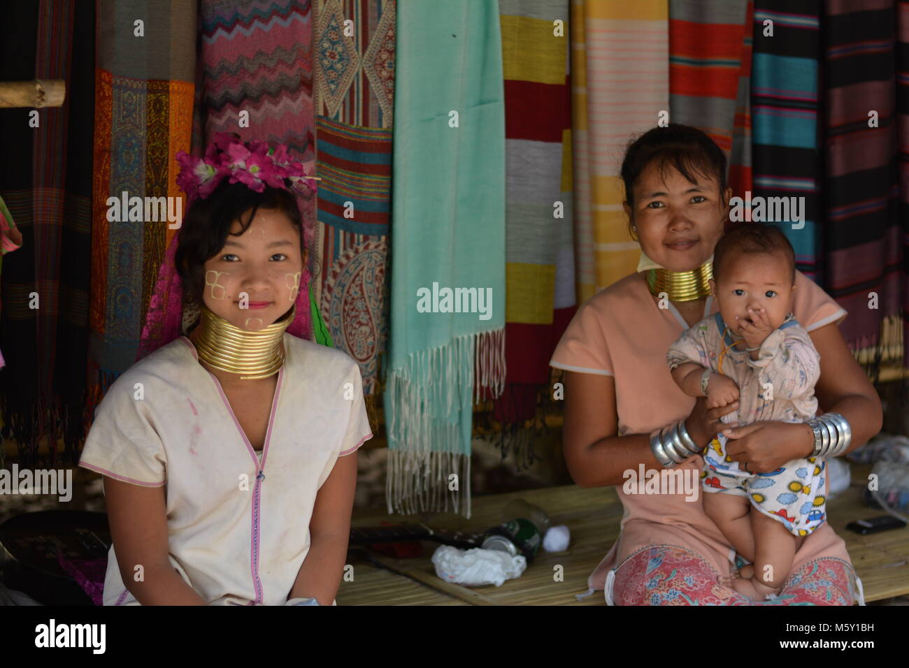 Long Neck women in a tribe near Chiang Mai in Northern Thailand. Stock Photo