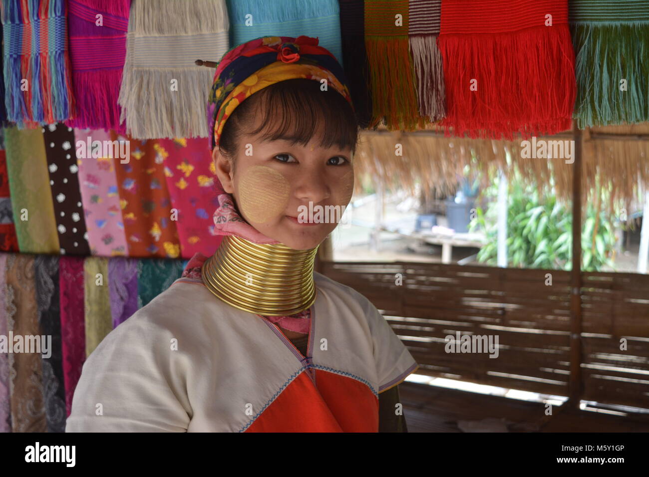 Long Neck young girl in a tribe near Chiang Mai in Northern Thailand. Stock Photo