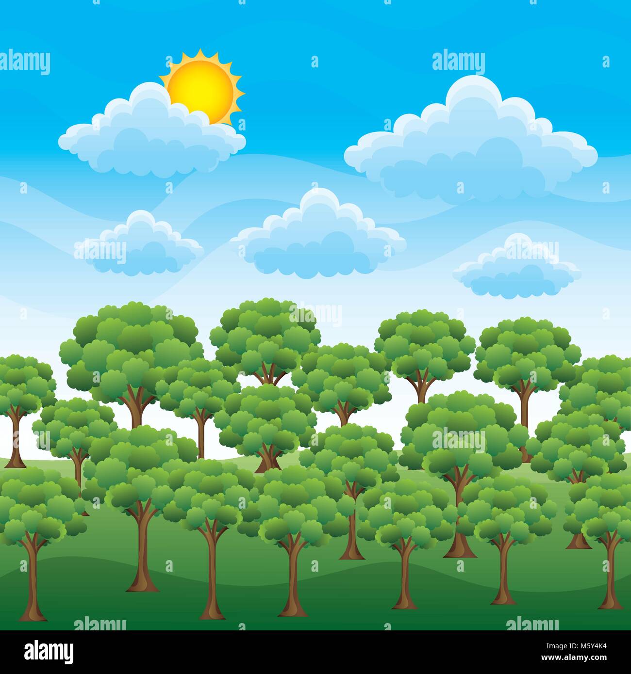 nature landscape green forest on blue sky sun grass and cloud Stock Vector