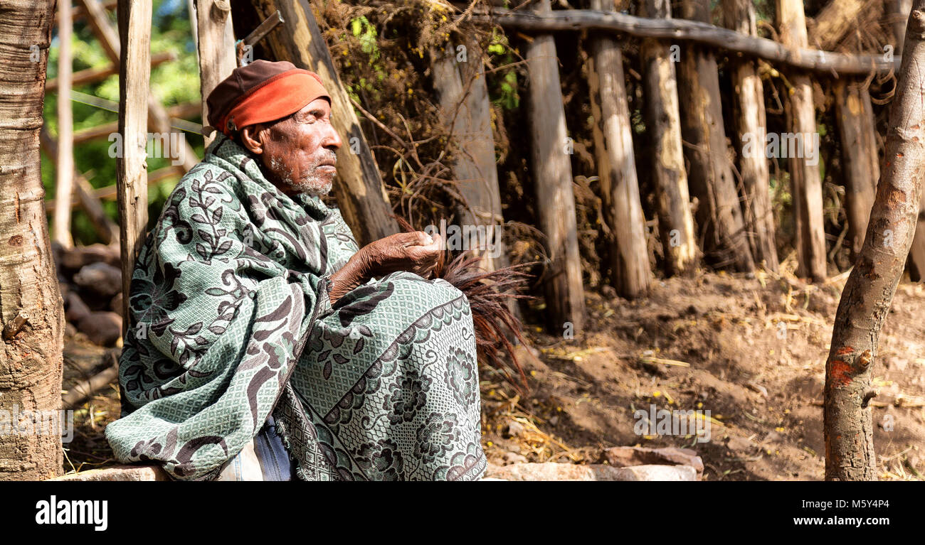 ETHIOPIA,LALIBELA-CIRCA  JANUARY 2018--unidentifiedman prayer man  the genna celebration Stock Photo