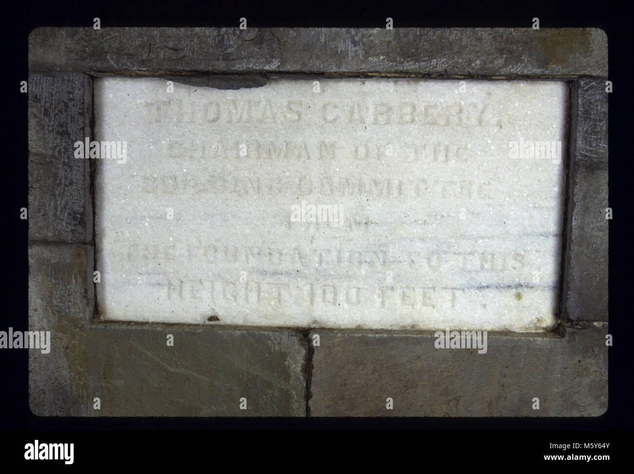 Chairman of the BuildingCommittee Level: 70.5-ft. Donor: Thomas Carberry  Dates: 1850s/1850s  Original material: marble Dimensions: 2' 6 x 5' Sculptor/Carver: not known Original inscription: Thomas Carberry. Chairman of the Building Committee from the foundation to this height 100 feet. Stock Photo