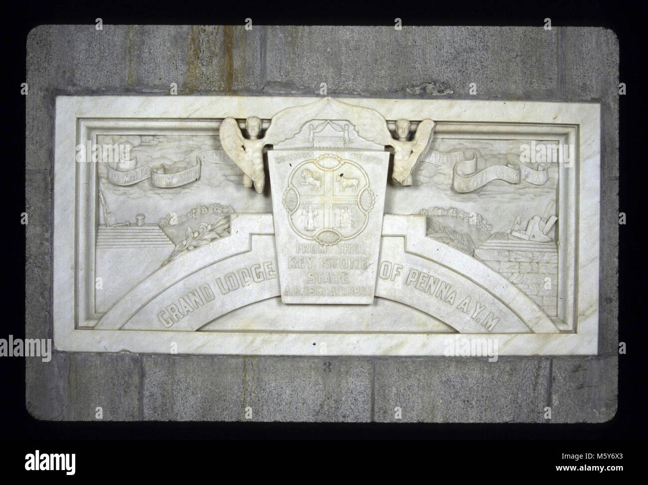 Masons, Grand Lodge of Pennsylvania Level: 180-ft. Donor: Masons, Grand Lodge of Pennsylvania  Dates: 1851/1885 Original material: marble  Dimensions: 2' 10 x 6' 1 Sculptor/Carver: not known Original inscription: Grand Lodge of Penna A. Y. M From the Key Stone State A.D. 1851 A.L. 5851 [abbr.] Stock Photo