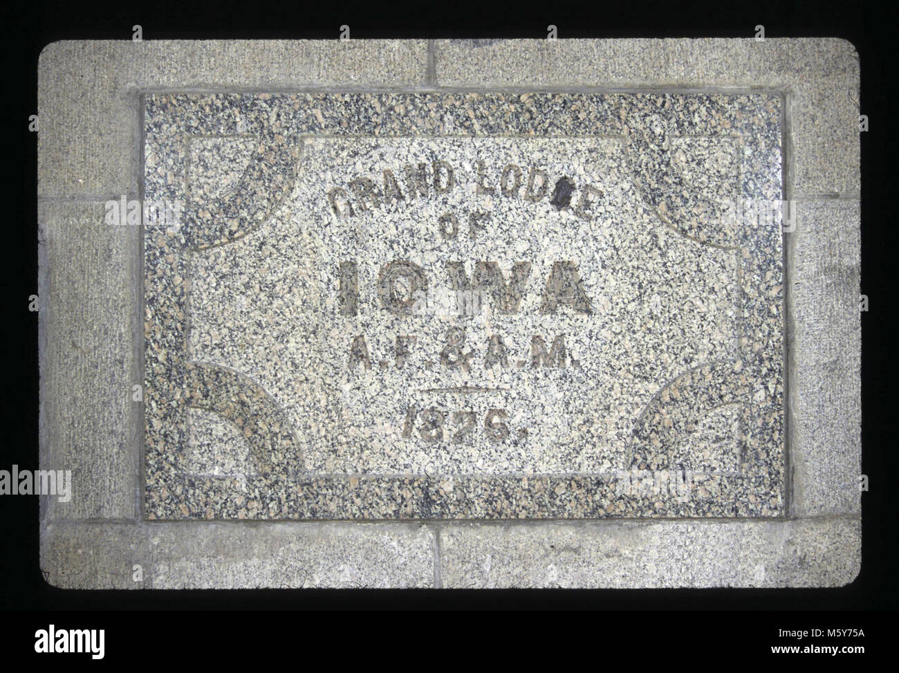 Masons, Grand Lodge of Iowa Level: 210-ft Donor: Masons, Grand Lodge of Iowa Dates: 1876/1885 Original material: granite  Dimensions: 2' 8 x 3' 11  Sculptor/Carver: not known Original inscription: Grand Lodge of Iowa A. F.  A. M. 1876. Stock Photo