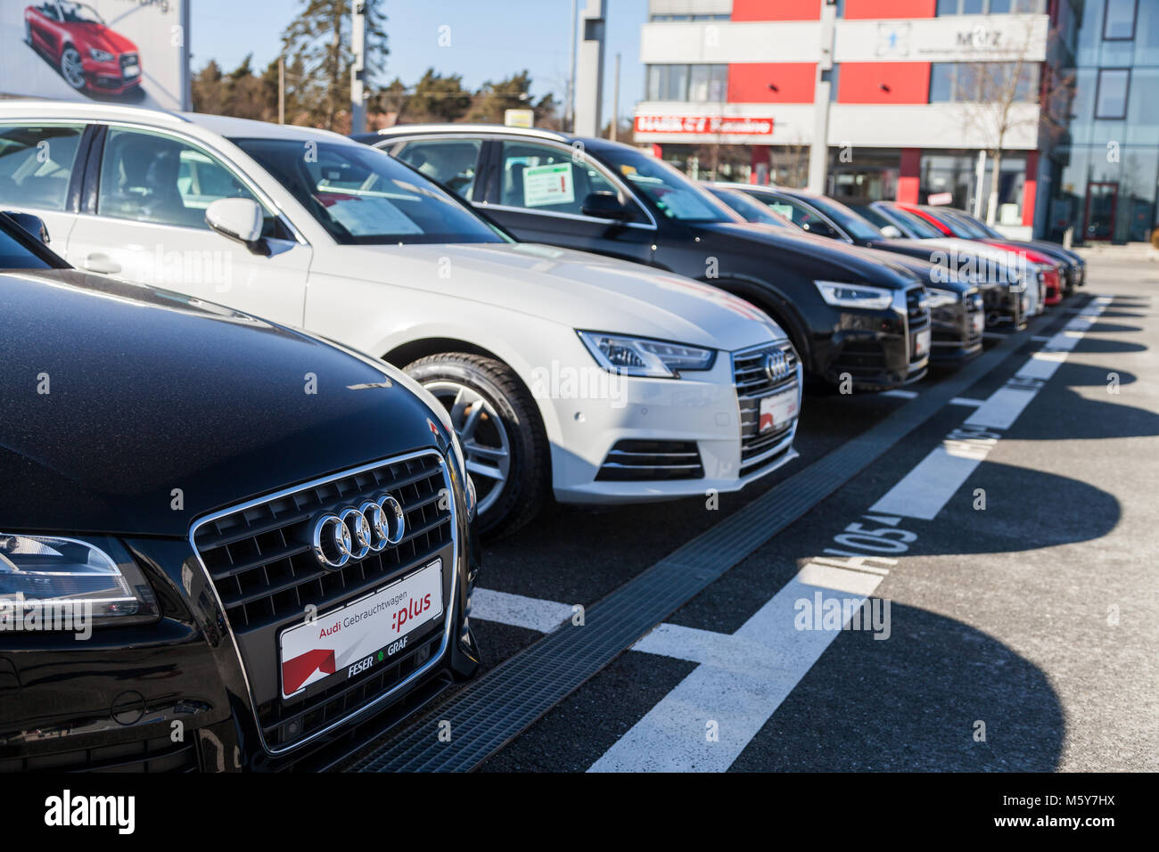 FUERTH / GERMANY - FEBRUARY 25, 2018: Audi emblem on an audi car. Audi AG is a German automobile manufacturer that designs, engineers, produces, marke Stock Photo