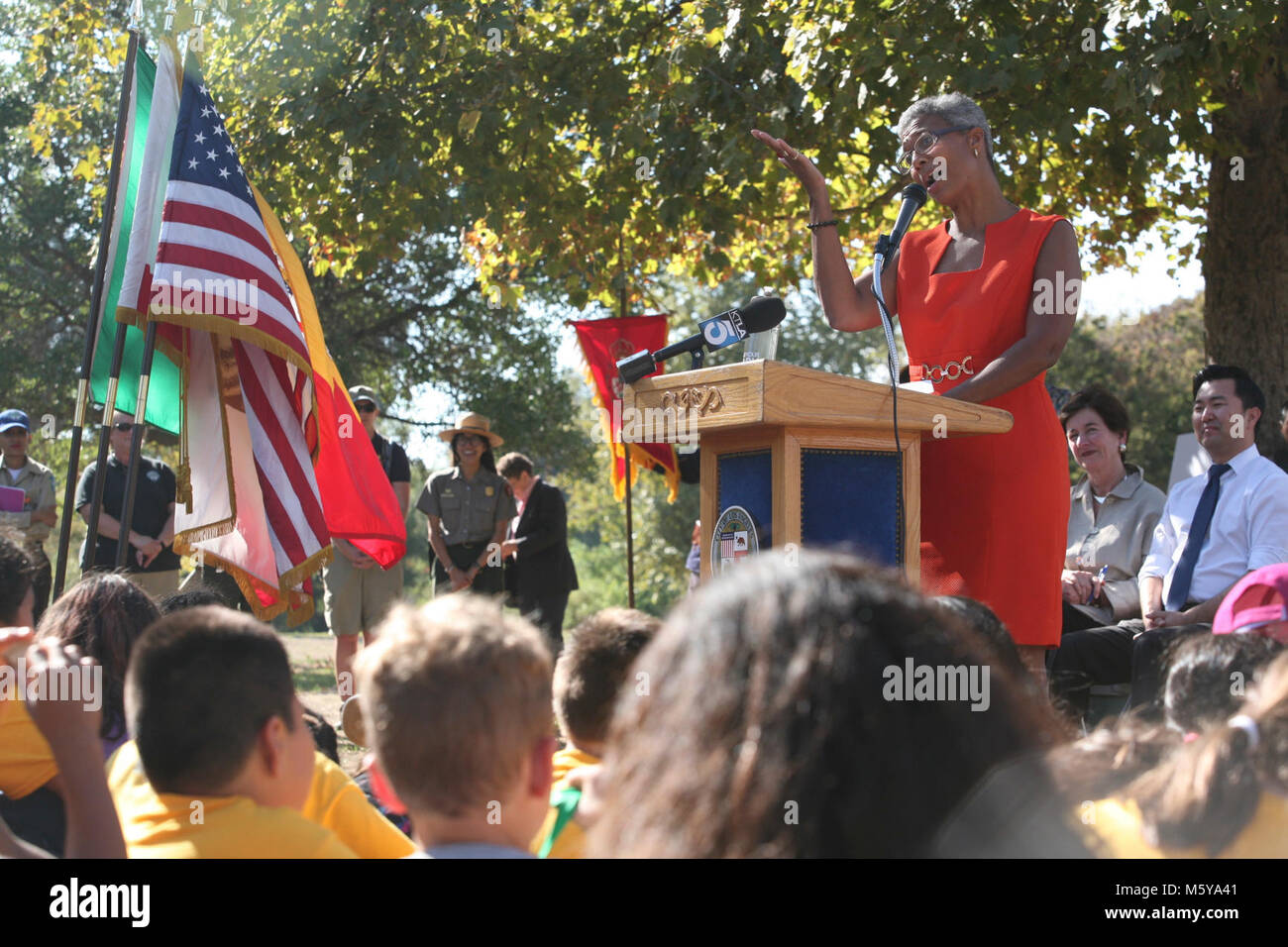 Julie Williams. Mayor Eric Garcetti, County Supervisor Sheila Kuehl, and members of the City Council helped kick of the L.A. launch of the Every Kid in a Park program on October 15, 2015 near Santa Monica Mountains National Recreation Area. Nearly 500 local 4th-graders participated in educational activities and were rewarded with a Junior Ranger badge and a free annual pass to all federal lands. Stock Photo