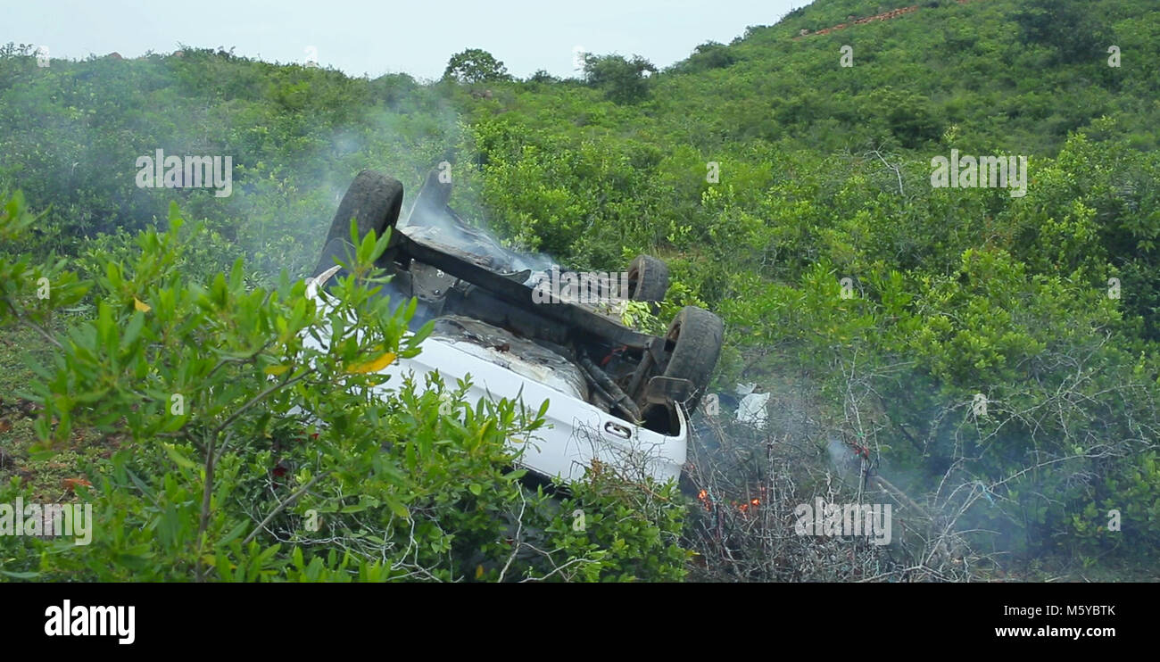 car accident, Accident on the mountain. Overturned car with smoke on ...