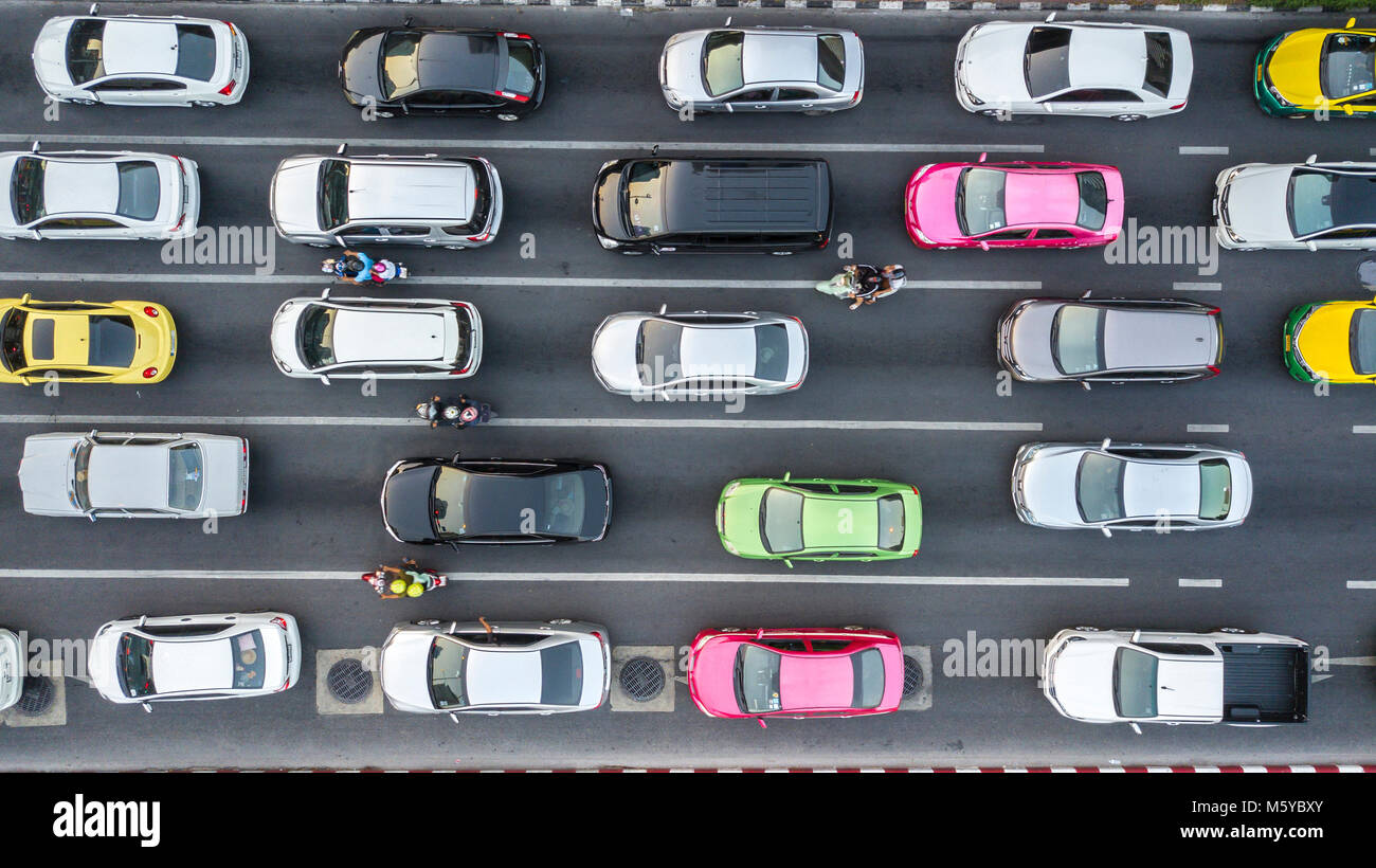 Aerial drone photograph of traffic jam in metropolis city. Stock Photo