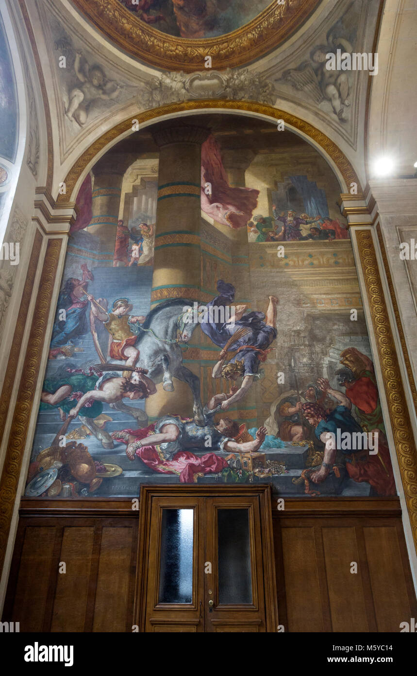 Eguene Delacroix's mural of Heliodorus Driven from the Temple in the Chapel of Guardian Angels in the Church of Saint-Sulpice in Paris, France Stock Photo