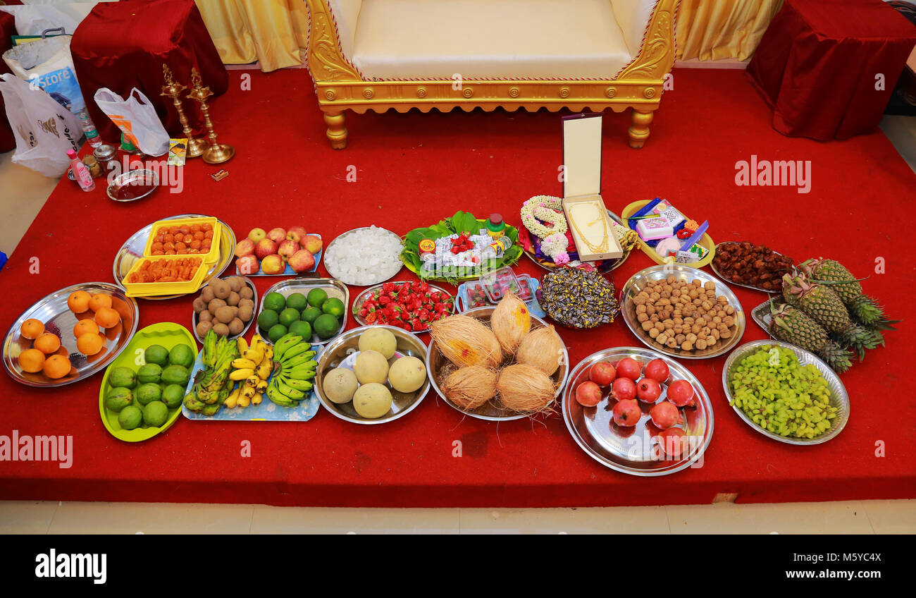 South Indian Wedding Ceremony Fruits In Silver Plate On Stage