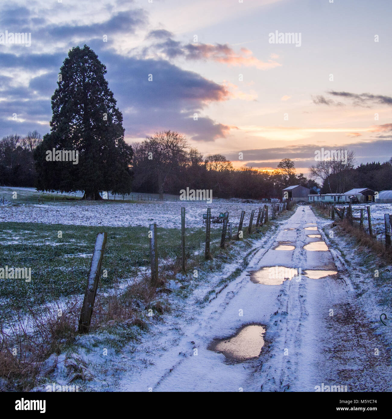 Rural snow scene in Hertfordshire England. Part of the Bhaktivedanta Manor Grounds. Stock Photo