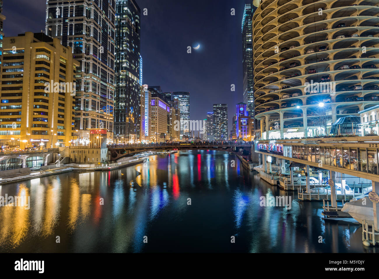 Chicago downtown city street view by the river at night Stock Photo - Alamy