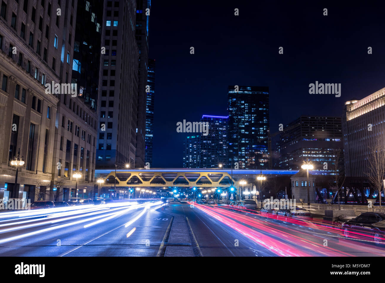 Chicago downtown city street view by the river at night Stock Photo Alamy