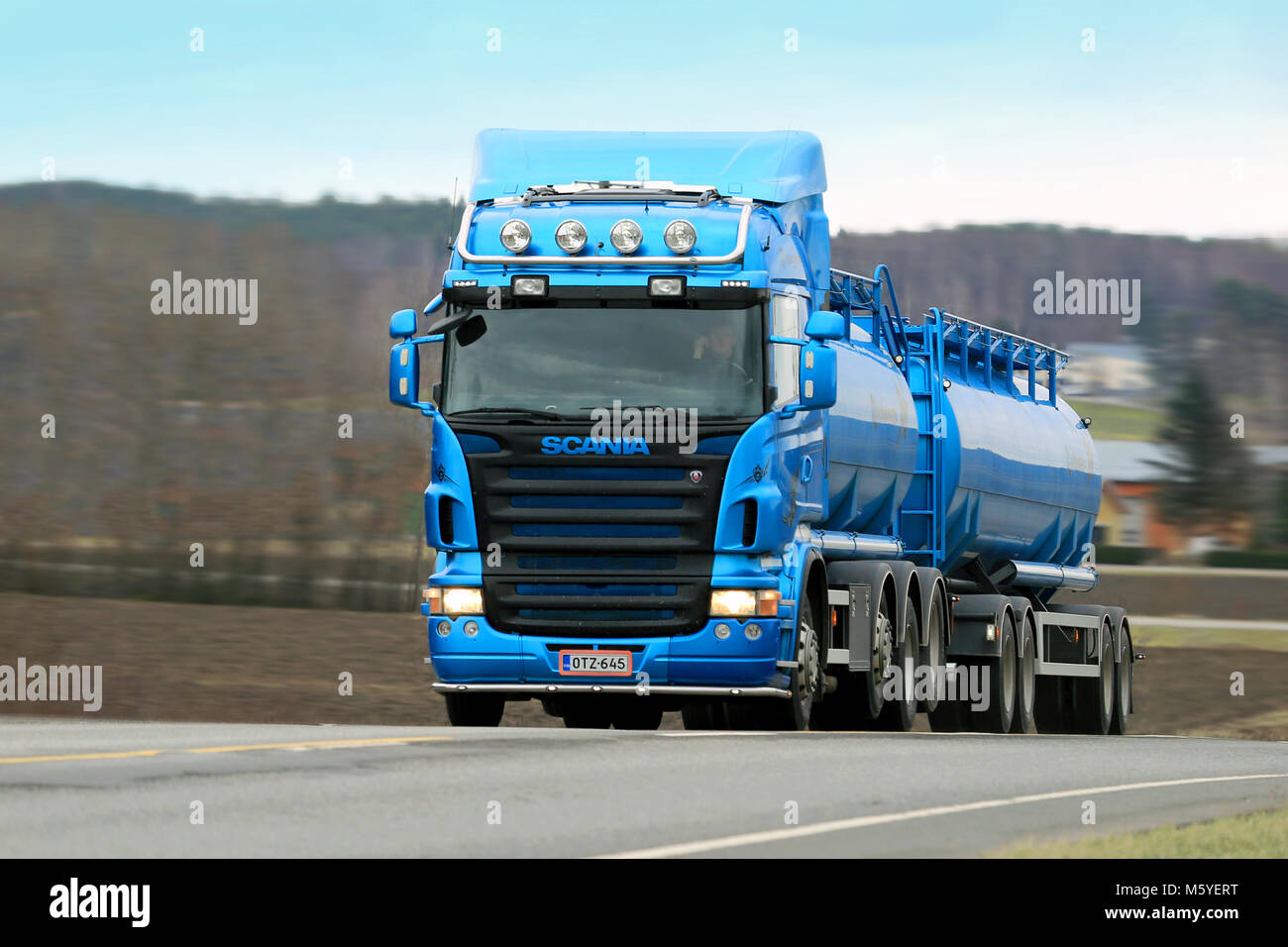 SALO, FINLAND - APRIL 3, 2015: Scania R500 tank truck on highway no. 52. Study shows Scania supplies the most efficient alternative fuel technology. Stock Photo