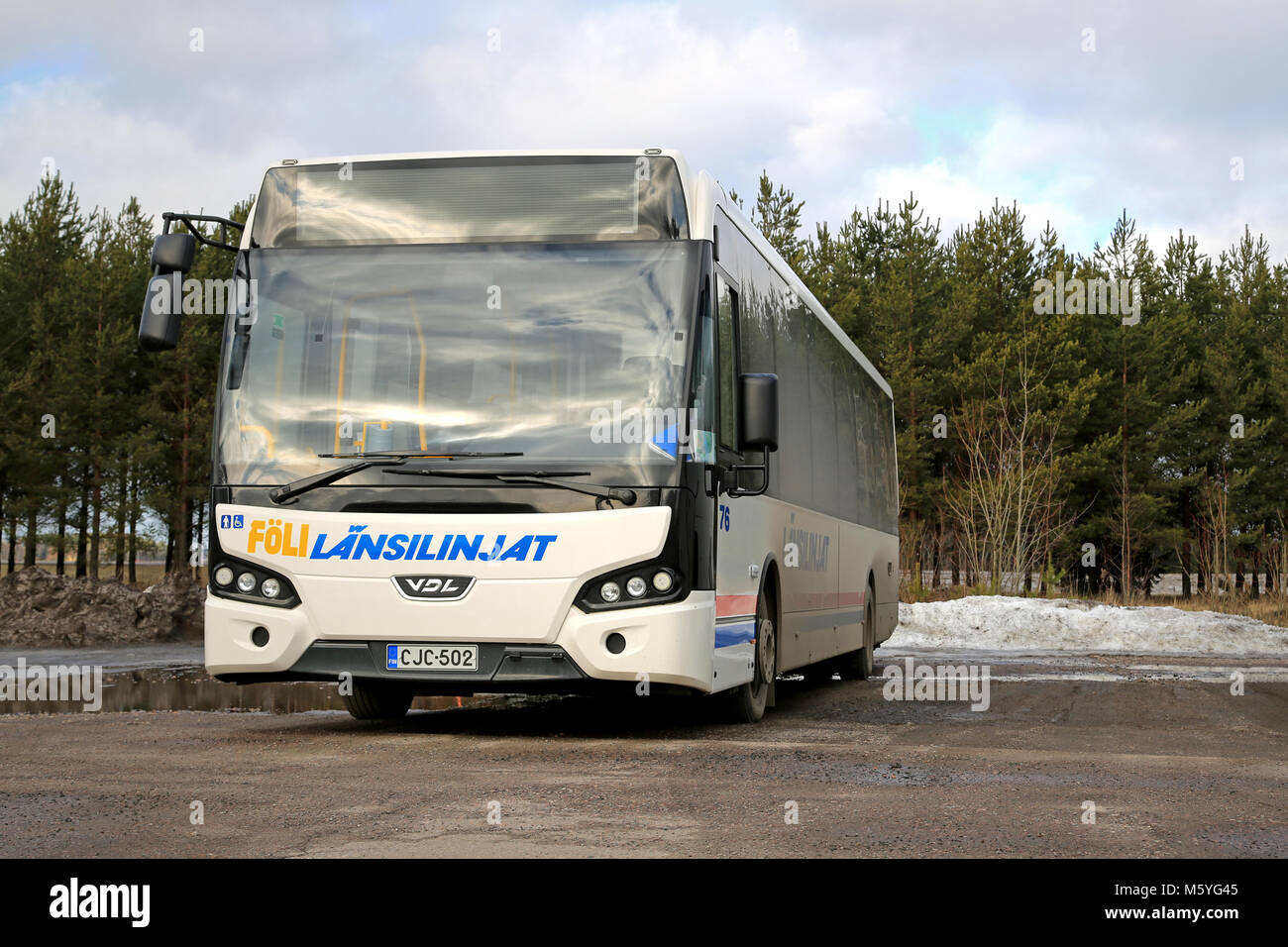 AURA, FINLAND - MARCH 1, 2015: VDL Citea low floor city bus parked. Citea is also available as an articulated, an electrical and a hybrid version. Stock Photo