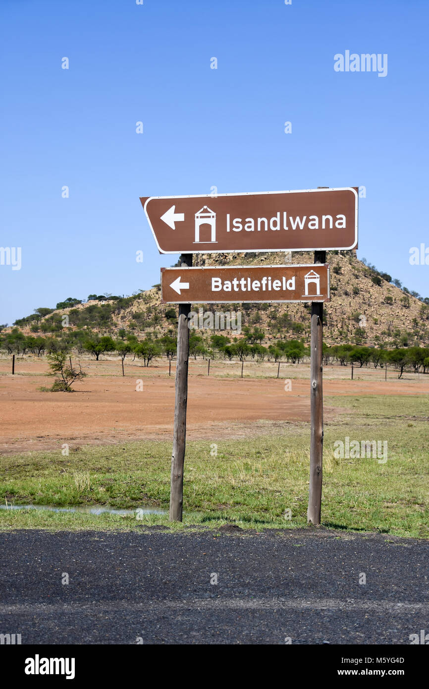 A road sign for the Isandlwana British battlefields in Kwazulu Natal in ...
