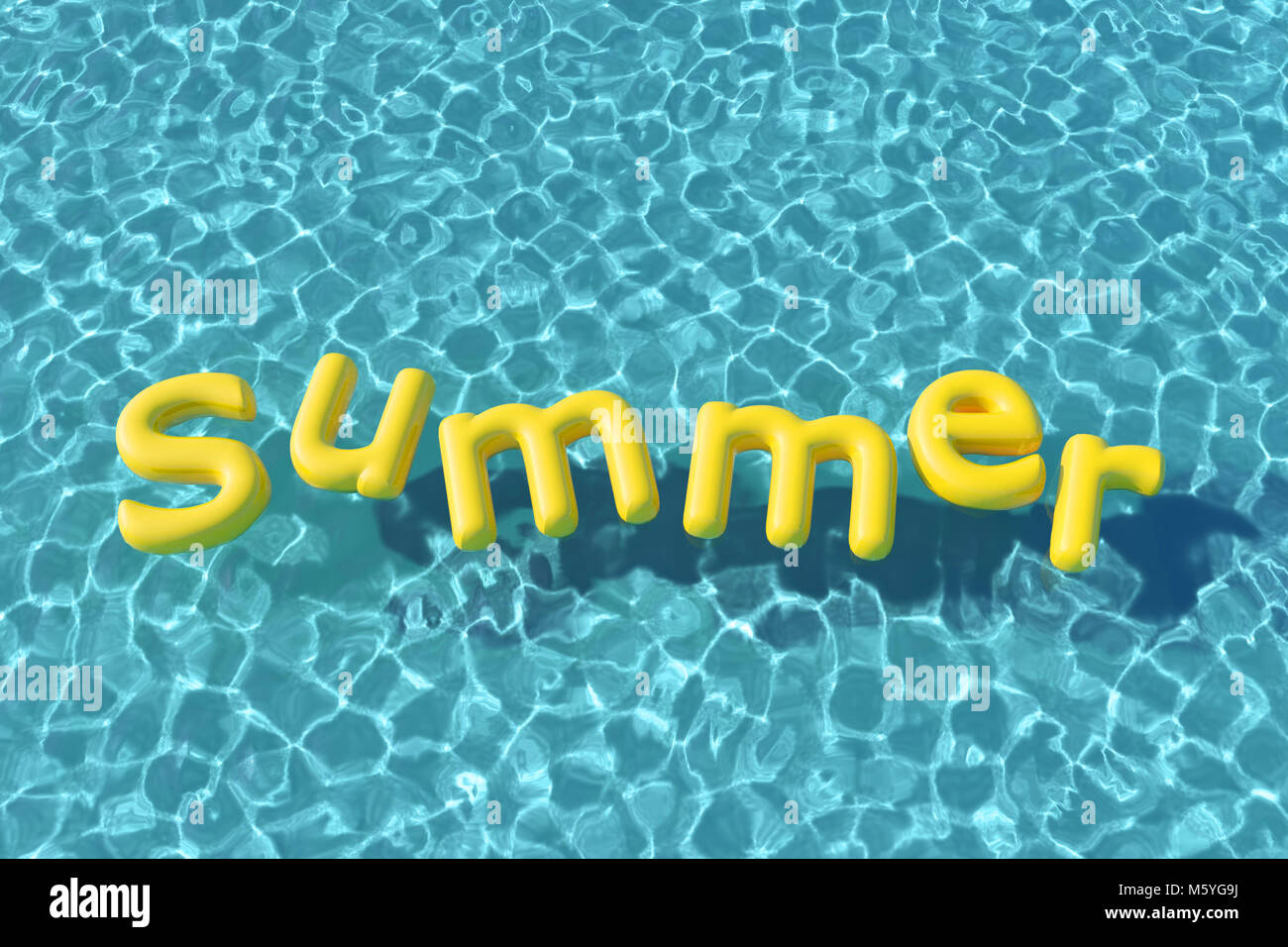 Clear blue swimming pool with summer word floating on the water Stock ...