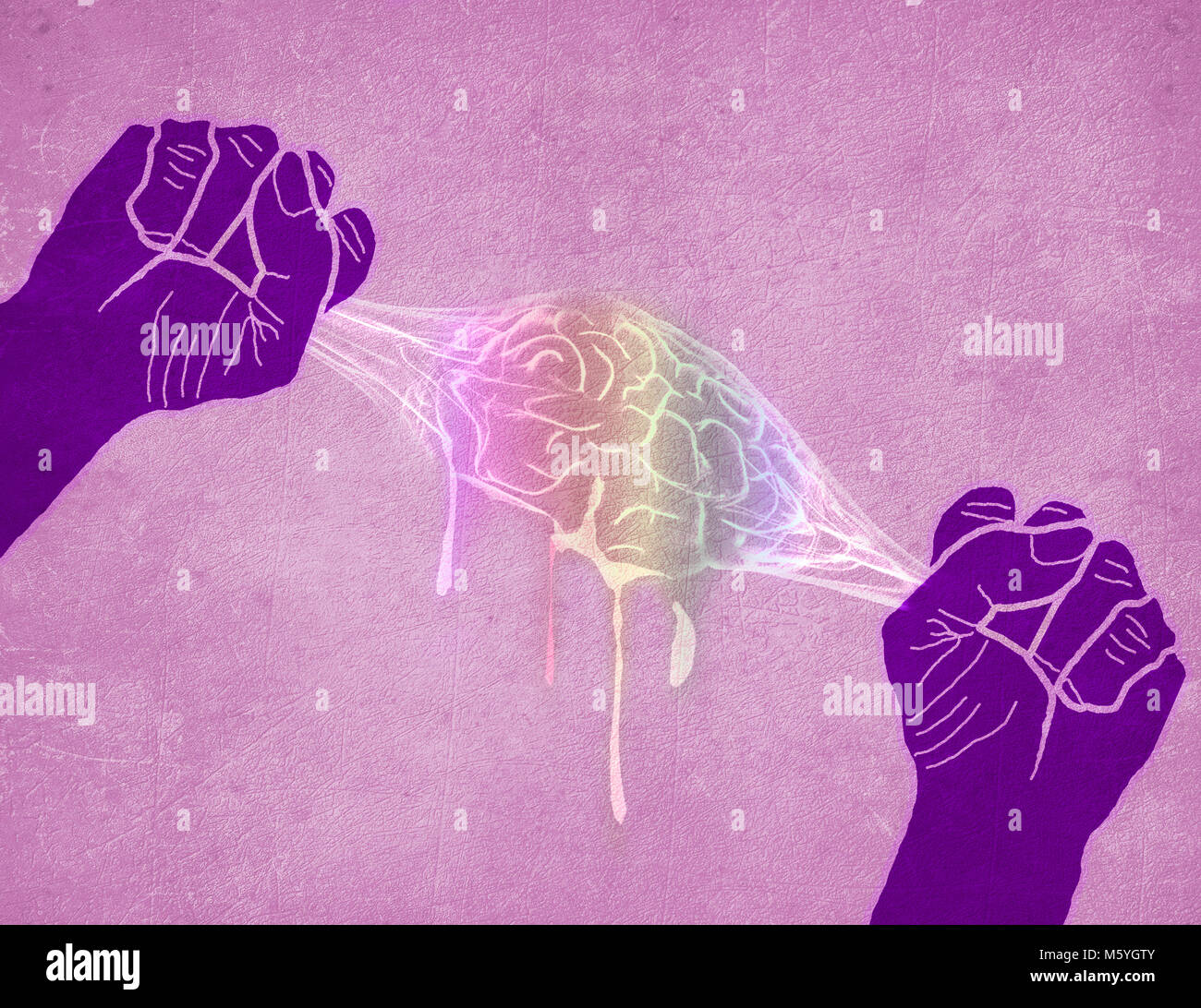 two hands squeezing brain colored digital illustration Stock Photo