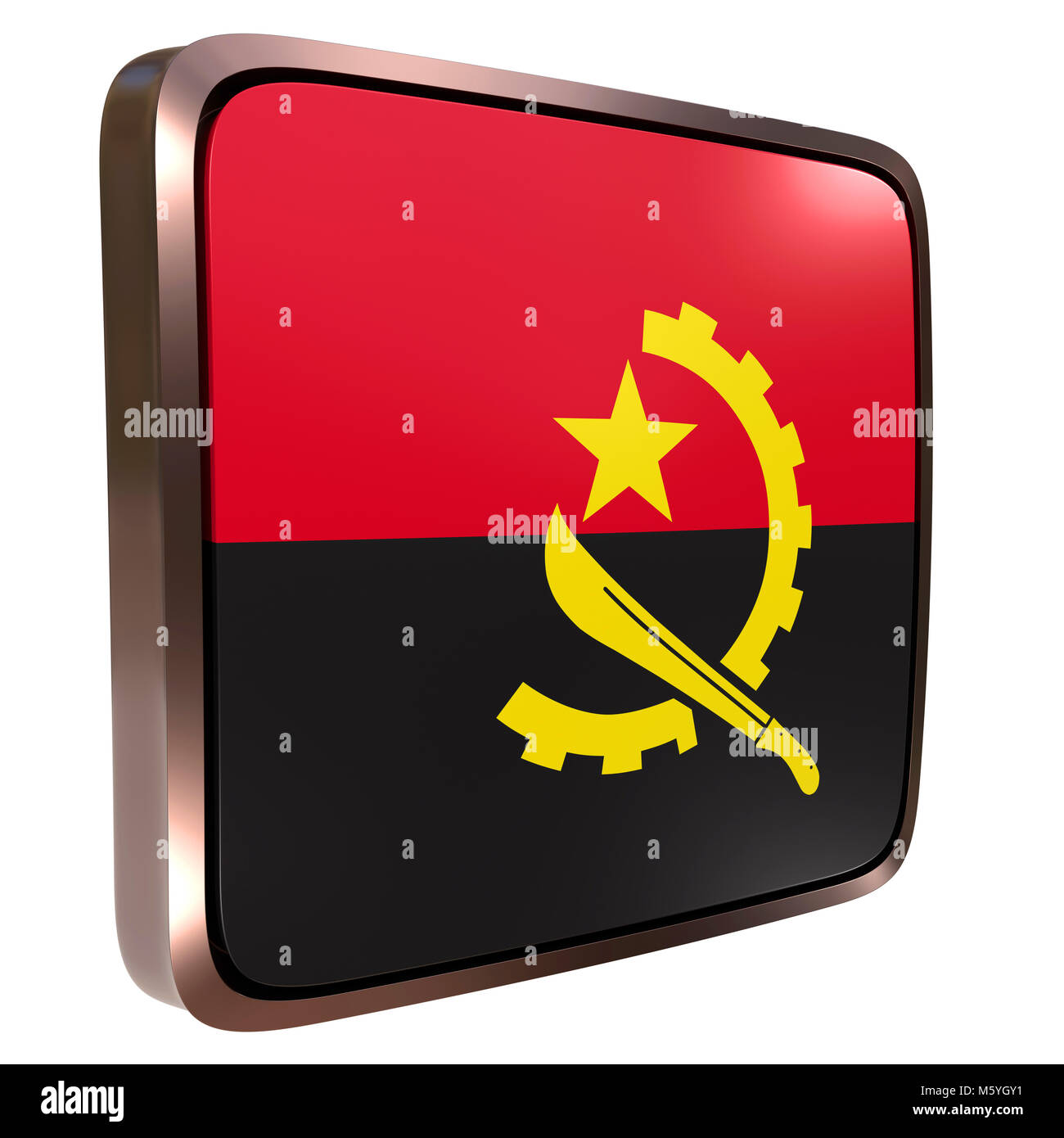 3d rendering of an Angola flag icon with a metallic frame. Isolated on ...