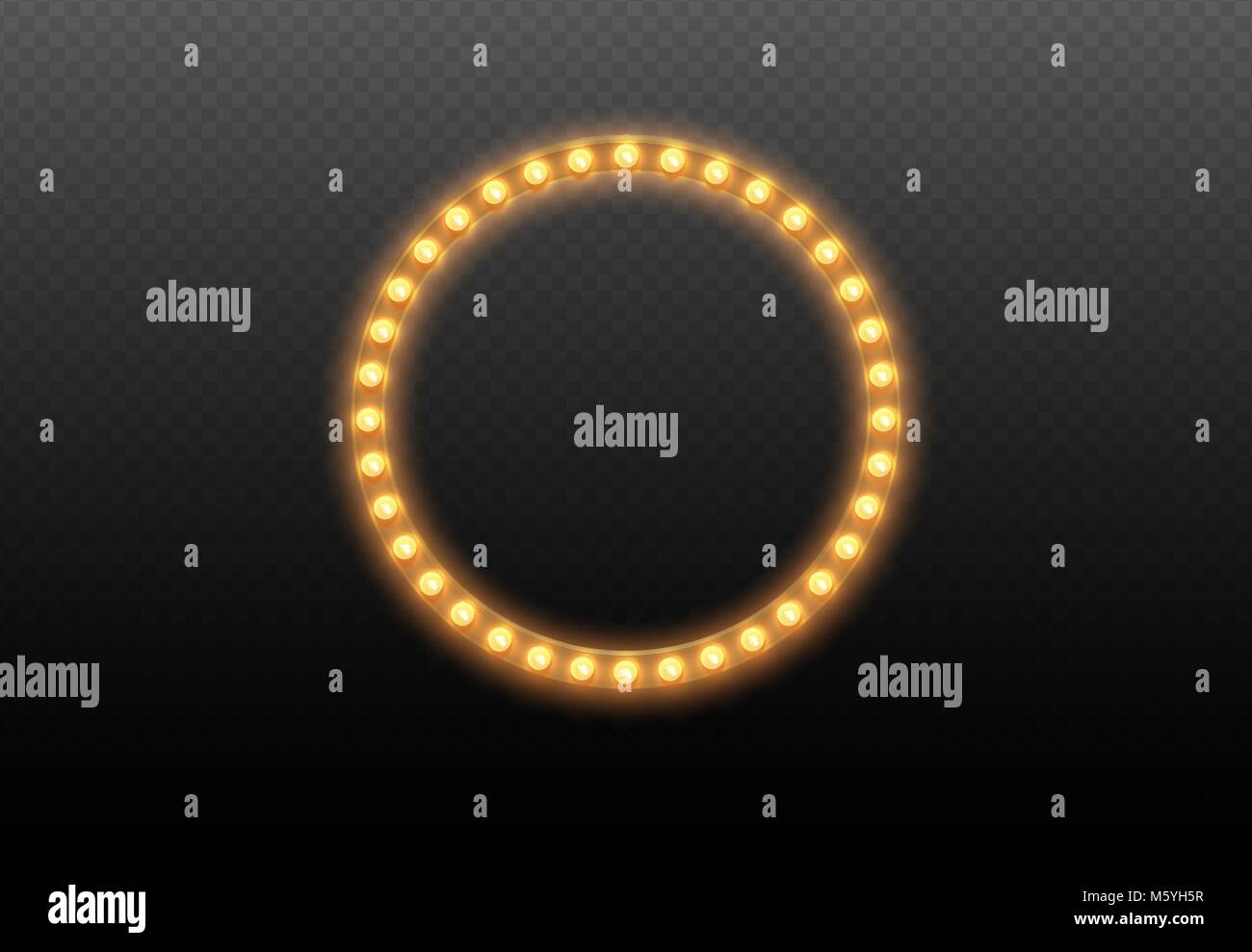 Light bulb circle. Round lights frame on transparent background. Illuminated round realistic casino banner with lamps isolated. Vector shiny Stock Vector